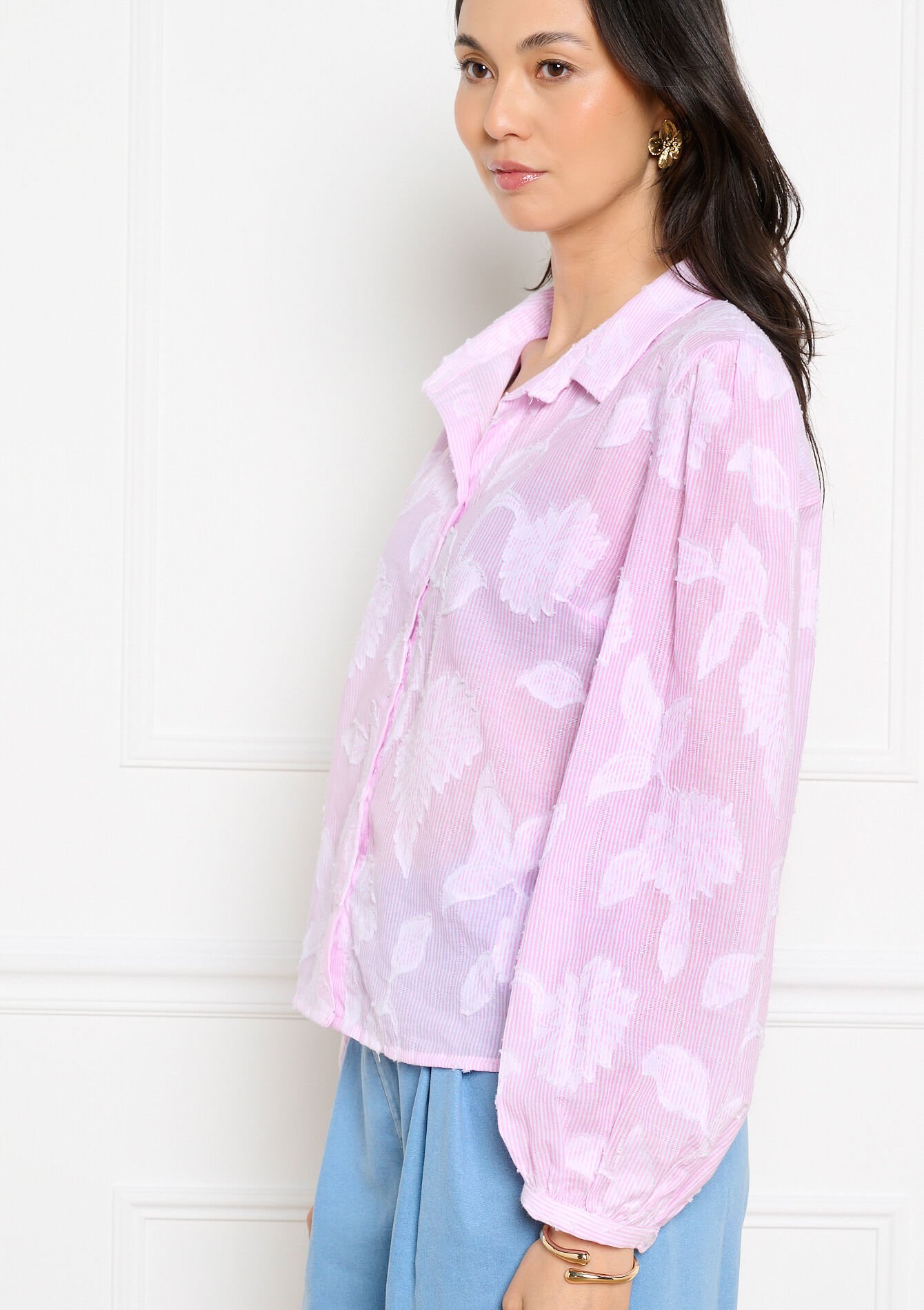 Gestreepte hemd met jacquard - LIGHT PINK - 05703087_1303