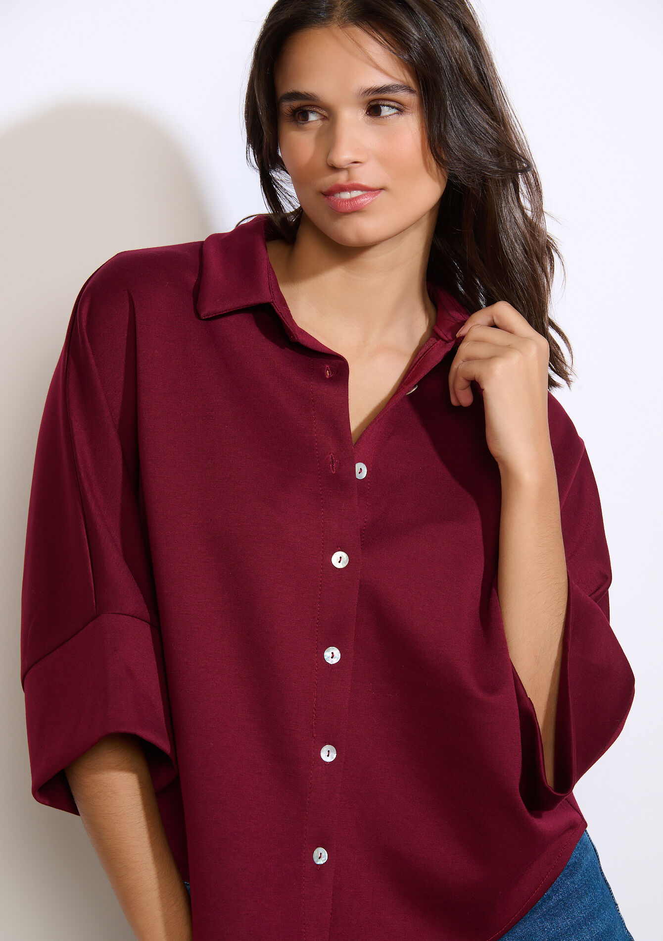 Losvallende polo met knopen, Losvallende polo met knopen - BORDEAU WINE - 02301968