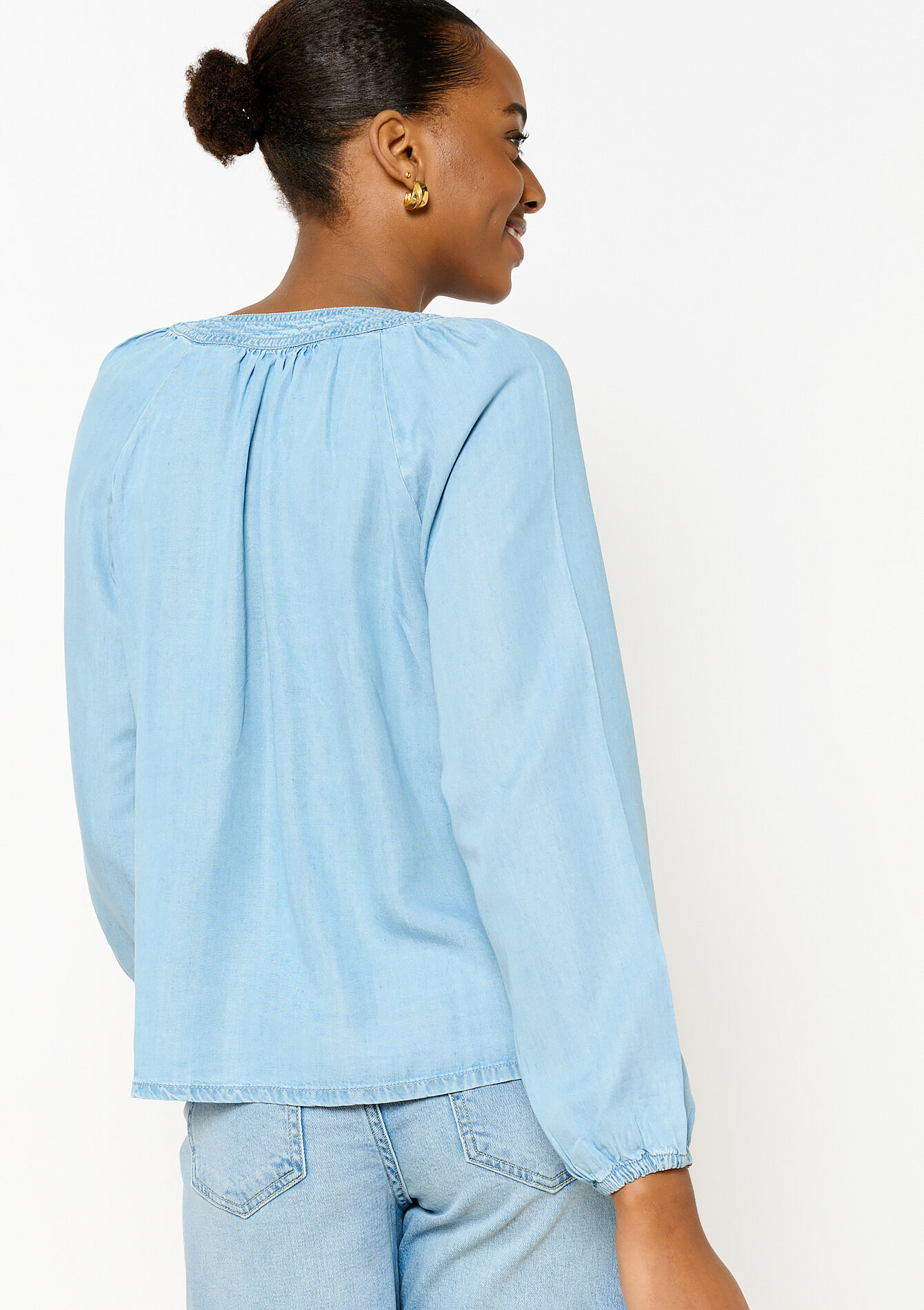 Blouse en tencel à col V - LIGHT BLUE JEANS - 05702368_91