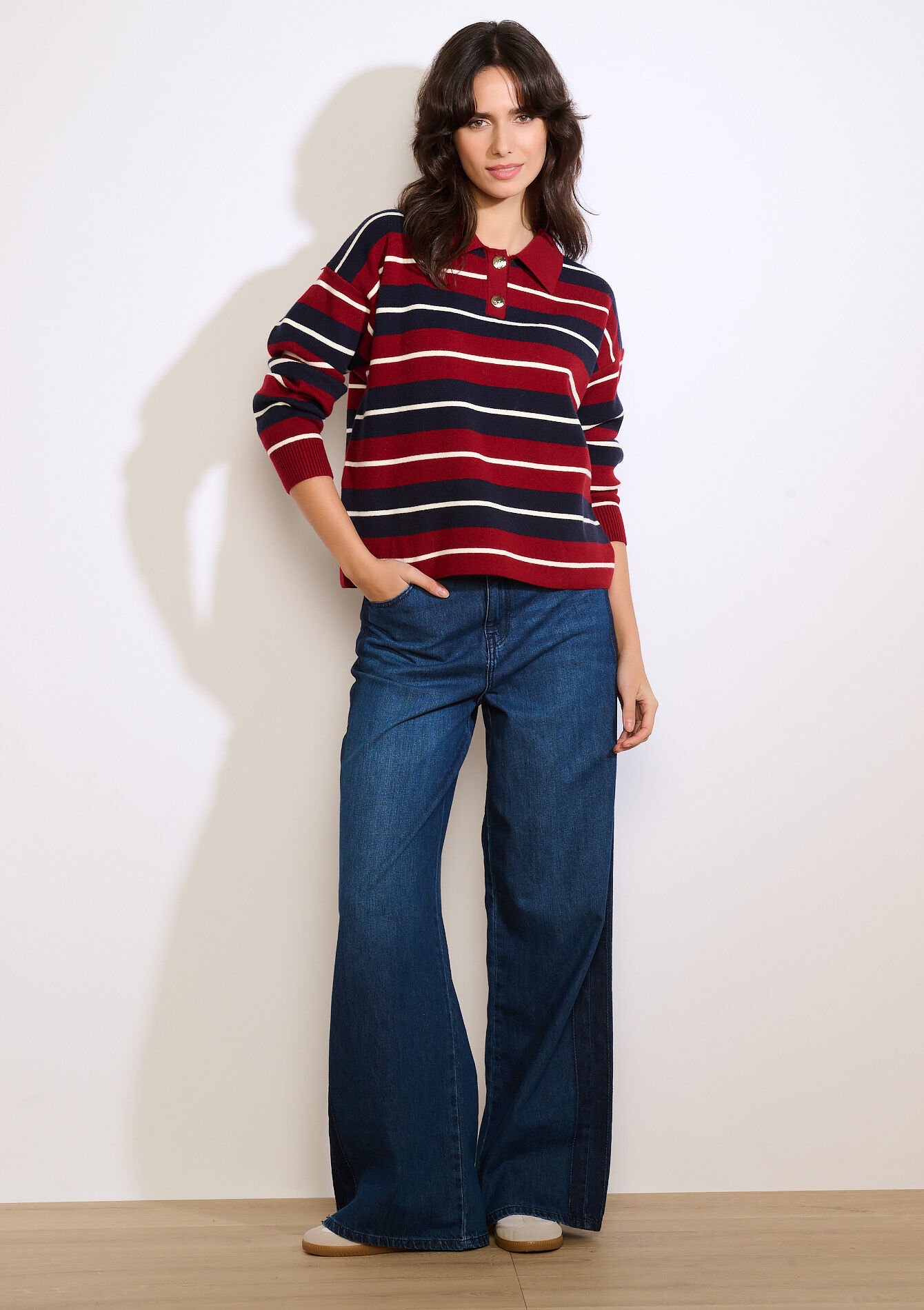 Pull rayé col polo, Pull rayé col polo - RED PAPRIKA - 04007124