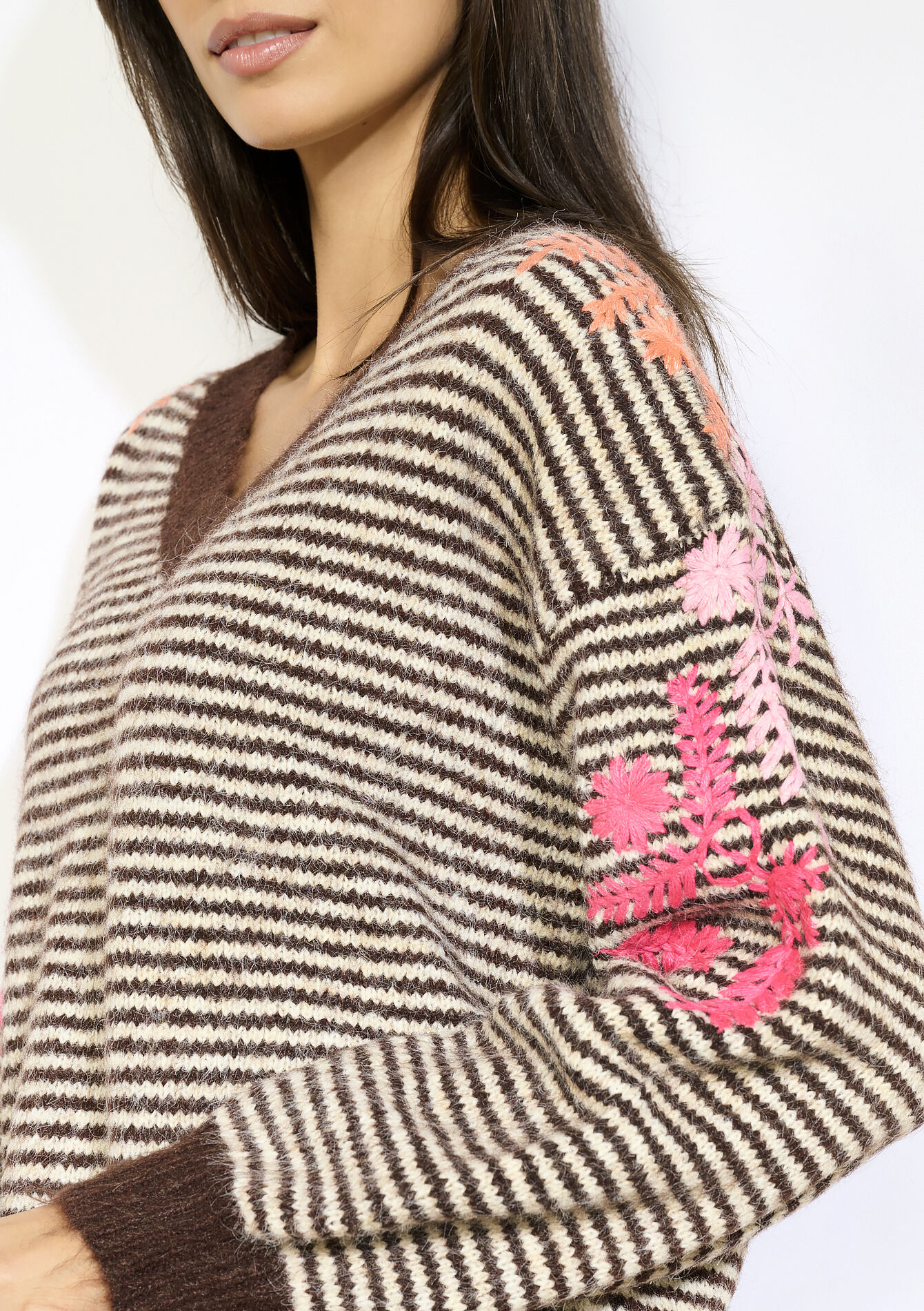 Striped embroidered knit, Striped embroidered knit - BROWN DARK CHOCOLATE - 04007063_3720