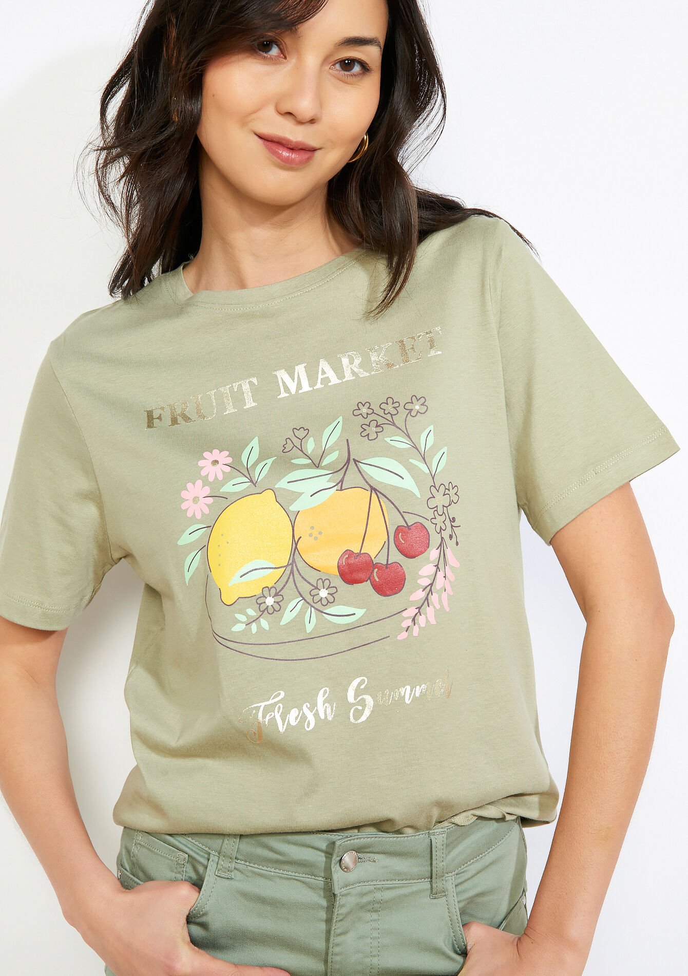 Irriserend tekstshirt - KHAKI FADED - 02301941_4326