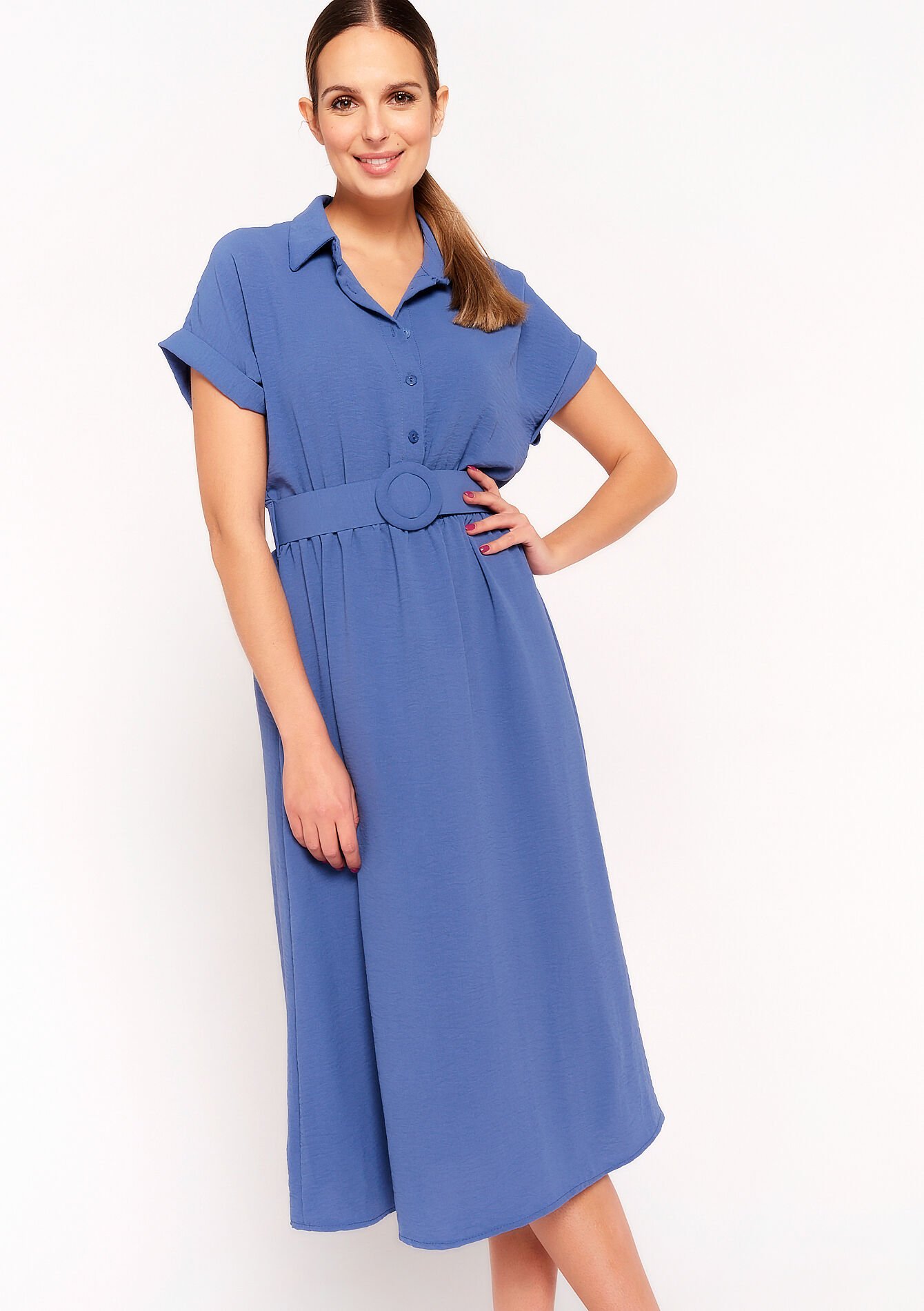 Midi dress with polo collar, Midi dress with polo collar - MEDIUM BLUE - 08601892_0500