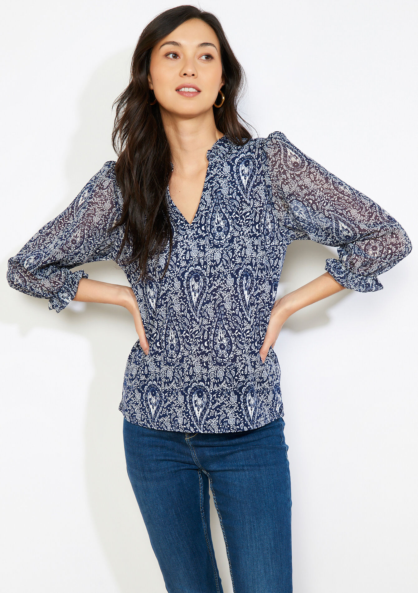 Blouse met print en voile - NAVY BASIC - 02302002