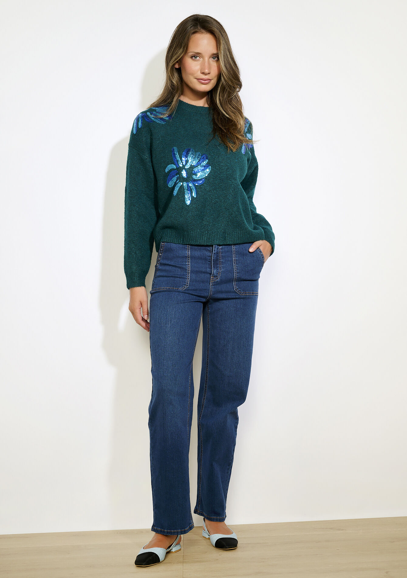 Gebreide trui met paillettenbloemen, Gebreide trui met paillettenbloemen - BOTTLE GREEN - 04006979_1778