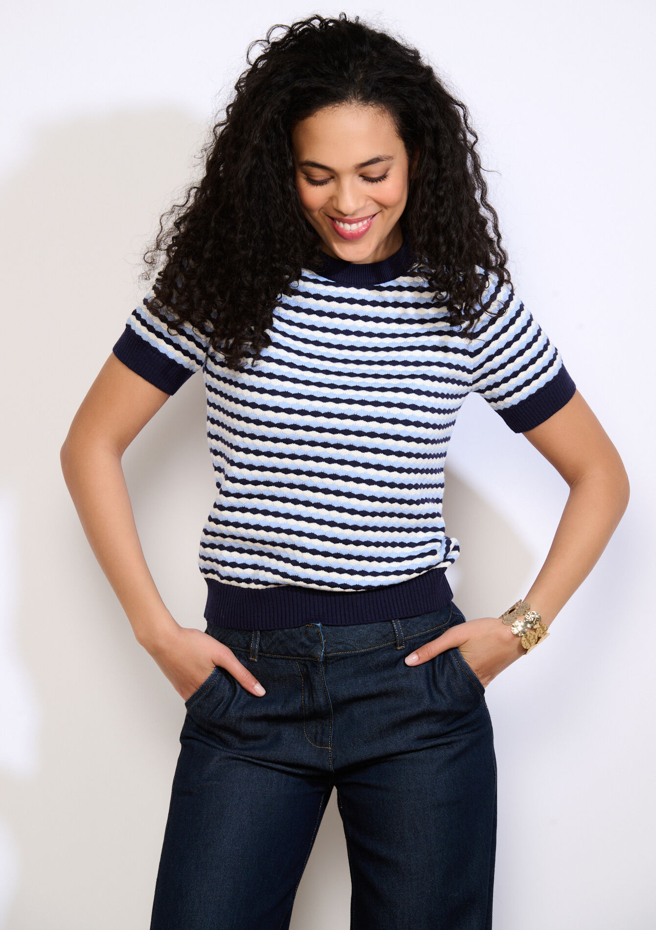 Pull texturé manches courtes - NAVY BASIC - 04007214_2723