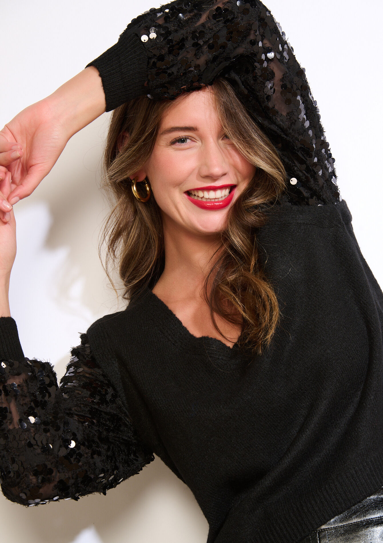 Pull col V manches sequins, Pull col V manches sequins - BLACK - 04007114