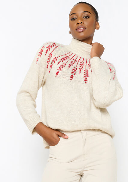 Jacquard pullover with flowers - LT BEIGE - 04006419_2527