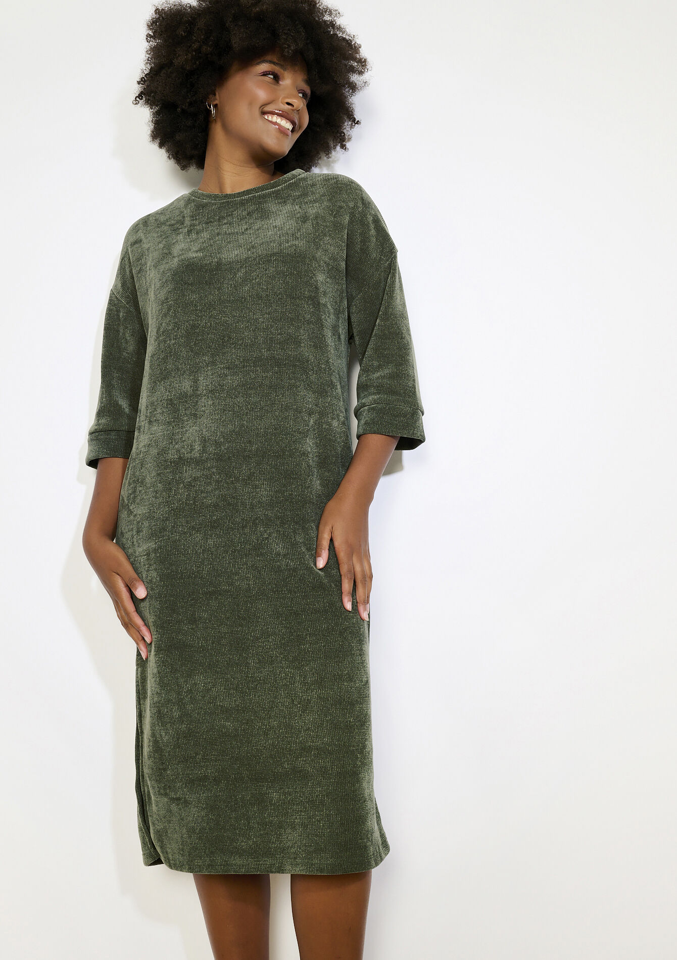 Ribfluwelen midi-jurk, Ribfluwelen midi-jurk - KHAKI DARKY - 08104371_4208