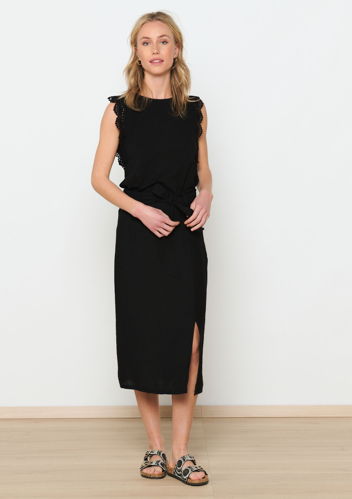 Midi skirt with linen look, Midi skirt with linen look - BLACK - 07101236_1119