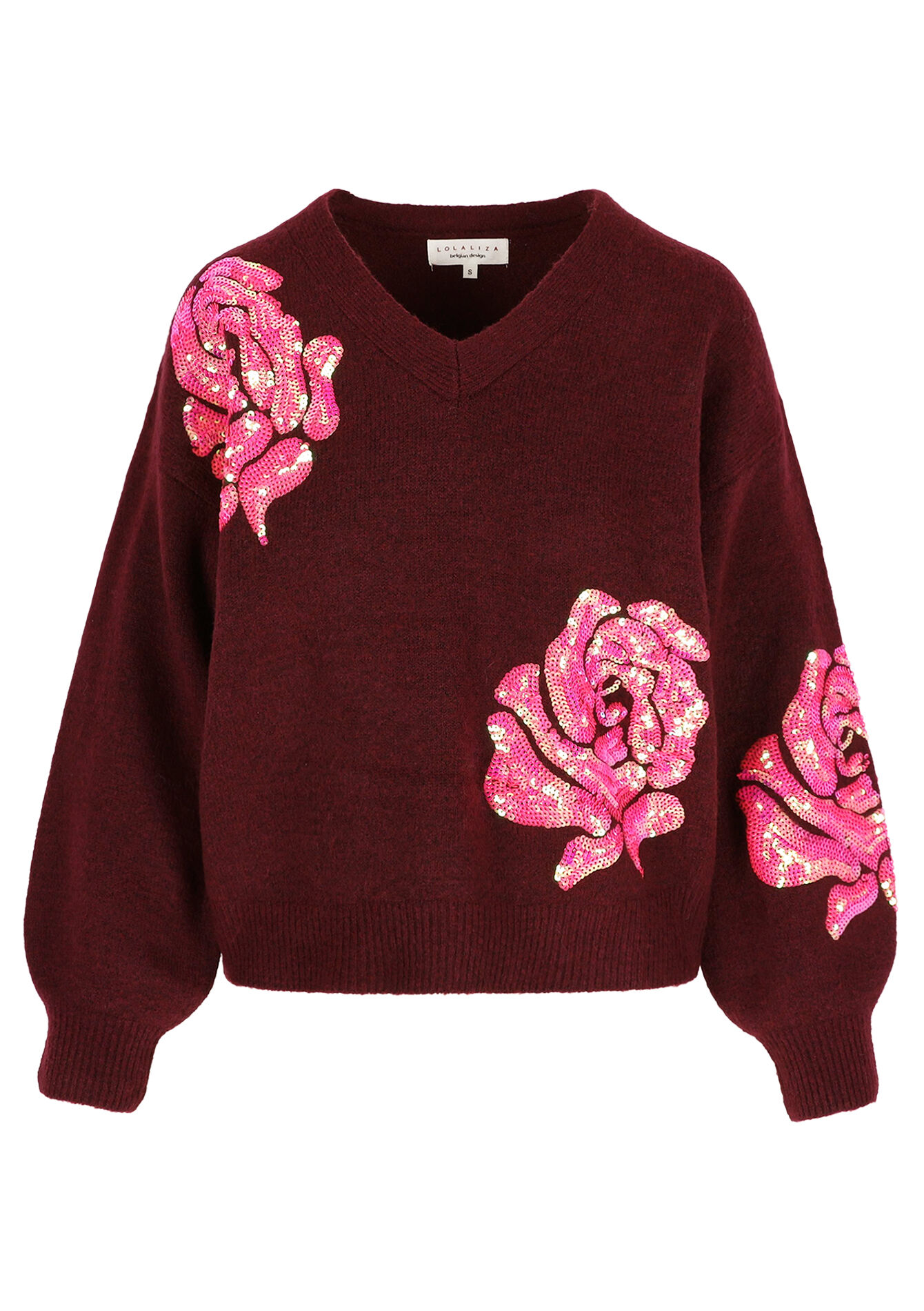 V-neck floral knit, V-neck floral knit - BORDEAUX WINE - 04006984_5514