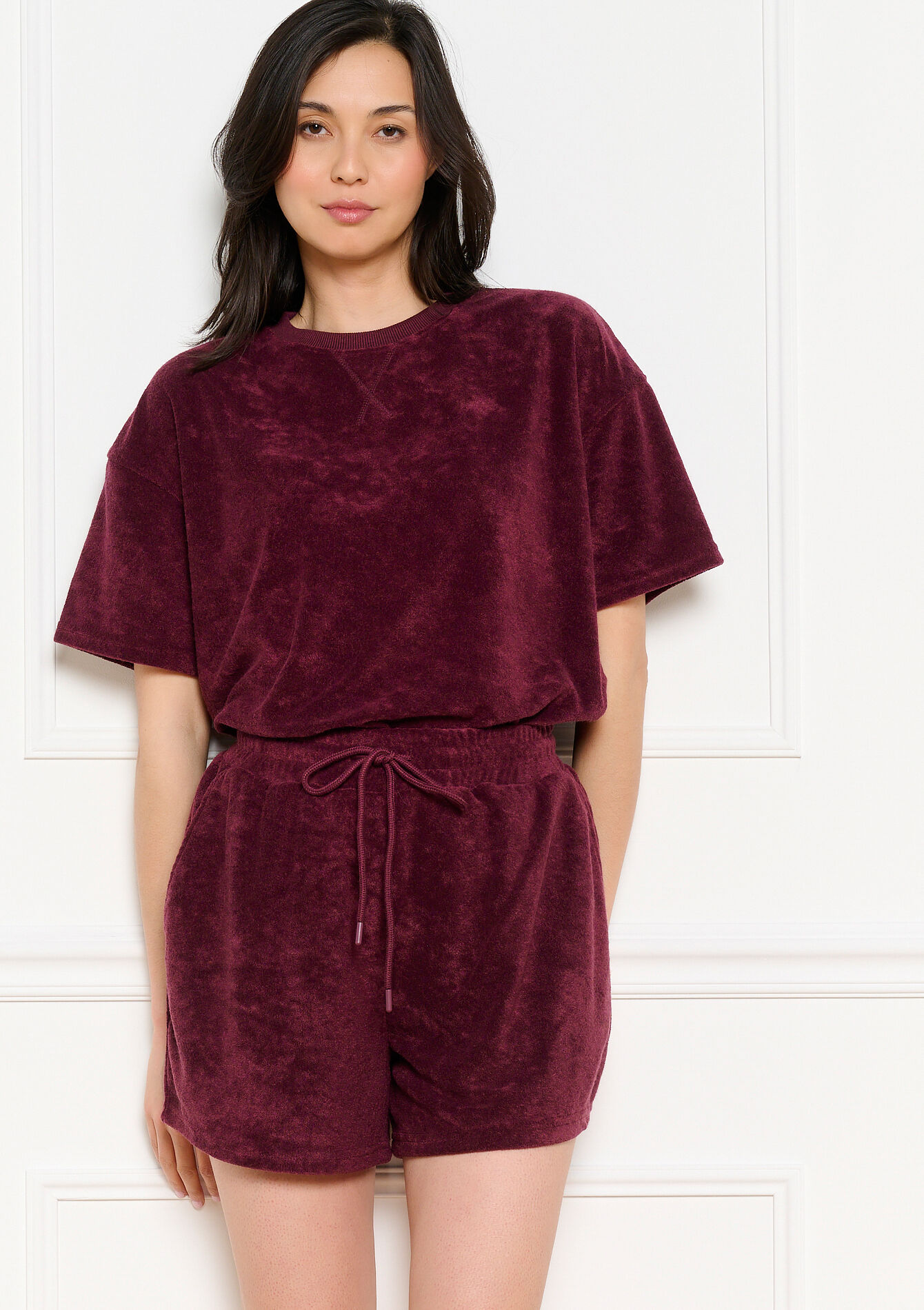 Short éponge taille nouée - AUBERGINE - 15100421_1537