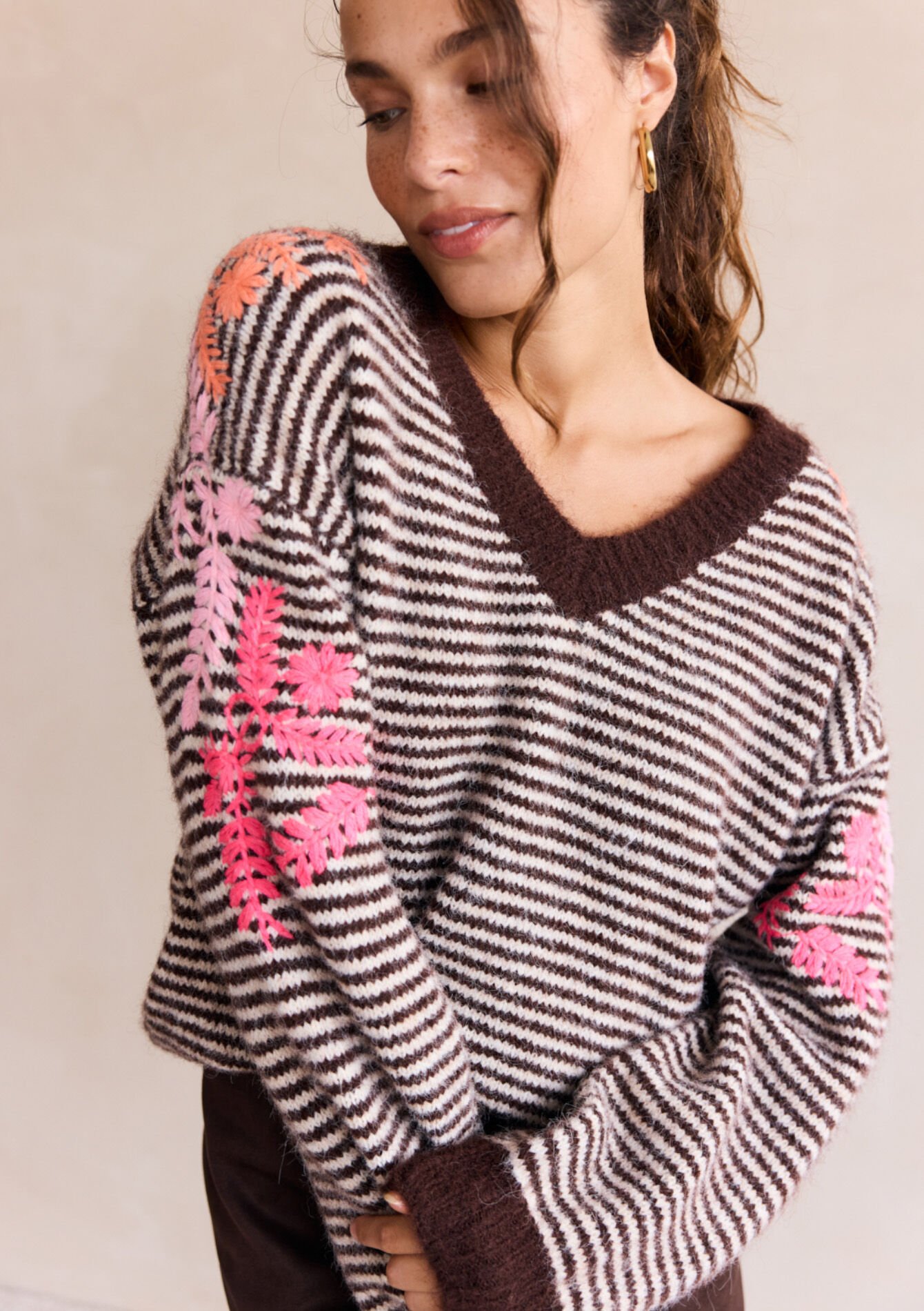 Striped embroidered knit, Striped embroidered knit - BROWN DARK CHOCOLATE - 04007063_3720