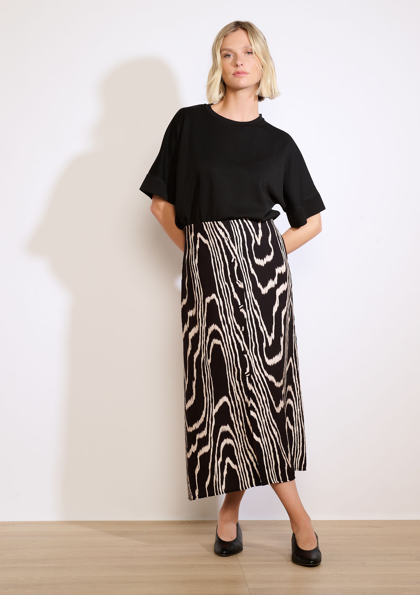 Midi-rok met print en knopen, , back
