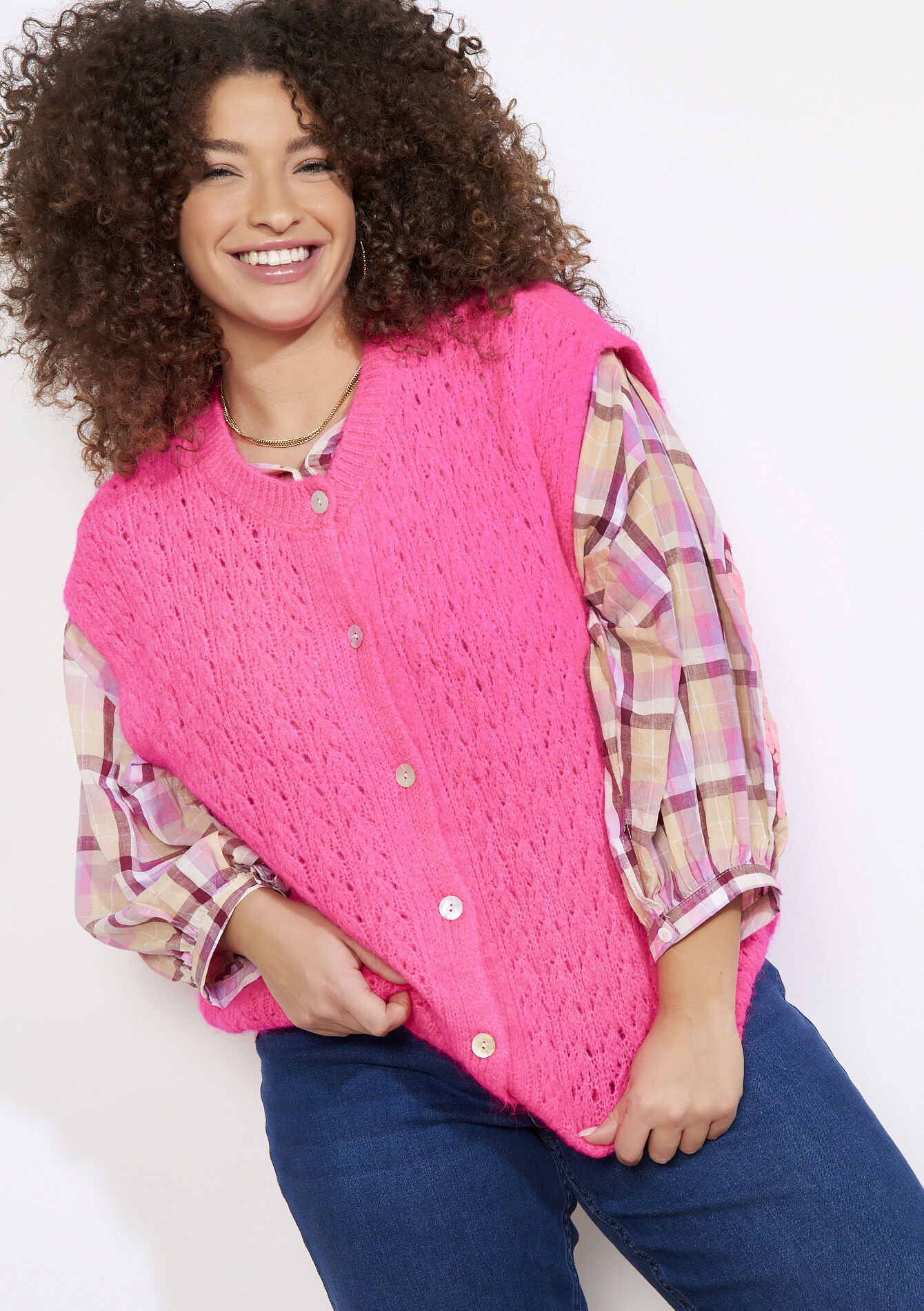 Sleeveless textured cardigan, Sleeveless textured cardigan - FLUO PINK - 04101397_5727