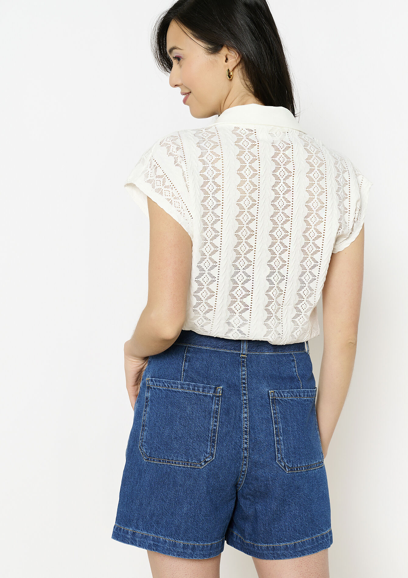 Openwork polo collar t-shirt - OPTICAL WHITE - 1130495