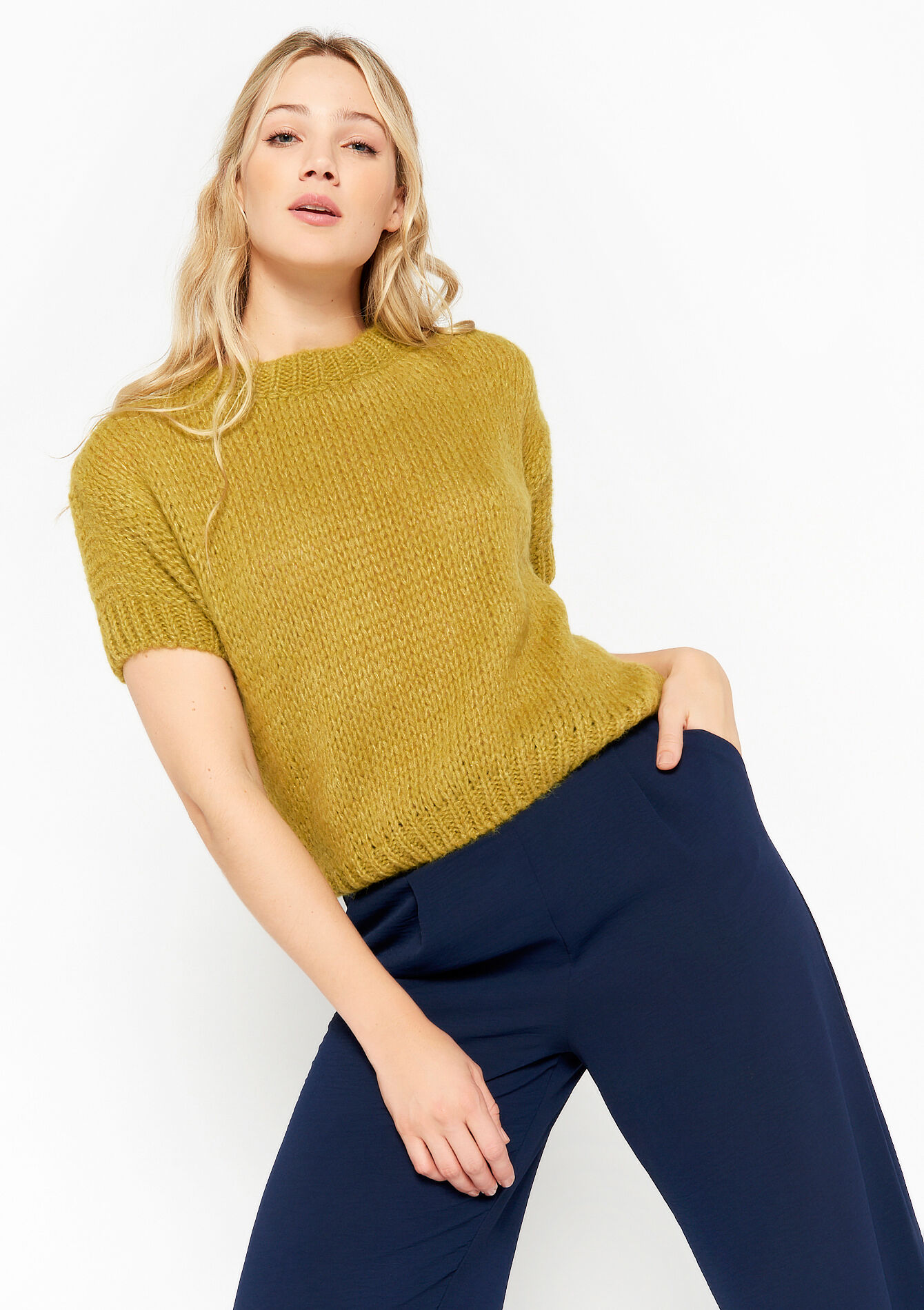 Pullover tricoté à manches courtes - GREEN MOSS - 04006120_4504