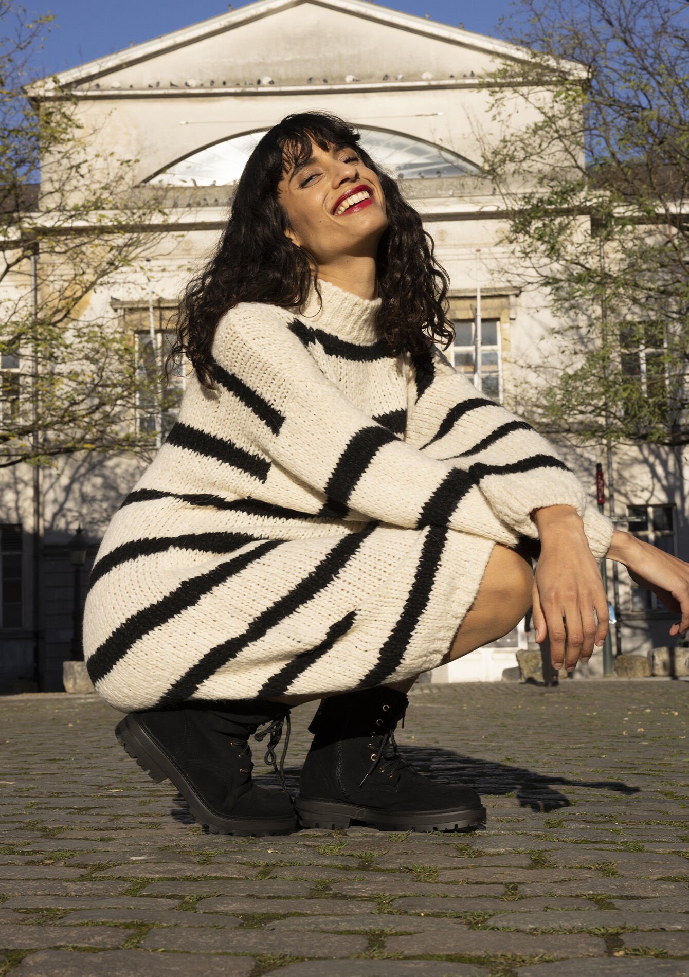 Gebreide jurk met strepen, Gebreide jurk met strepen - VANILLA WHITE - 08103485