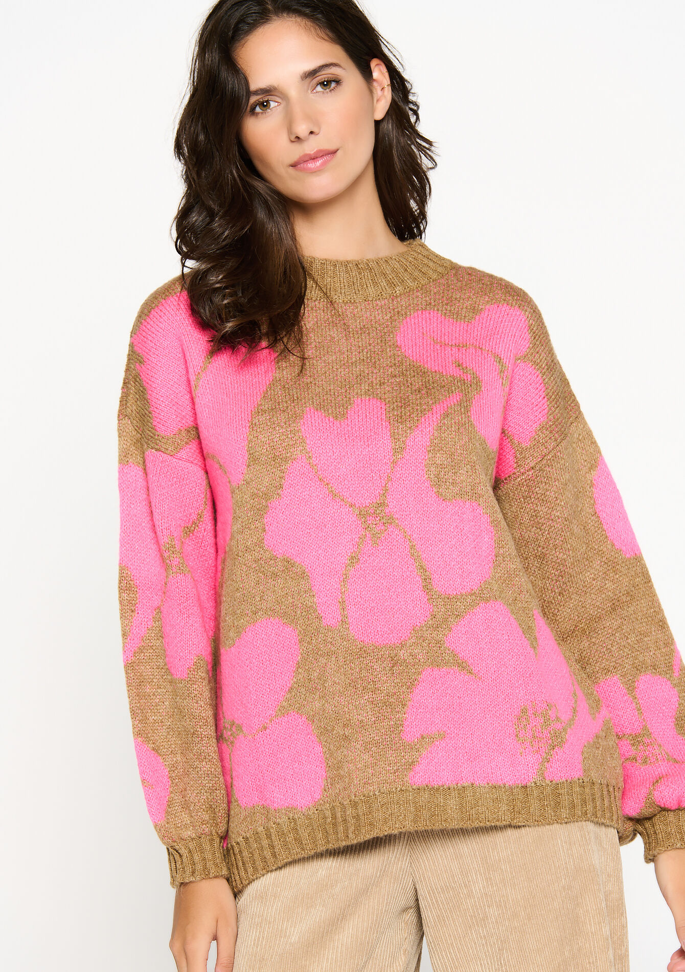 Jacquard trui met bloemenprint, Jacquard trui met bloemenprint - CAMEL GINGER - 04006342_3831