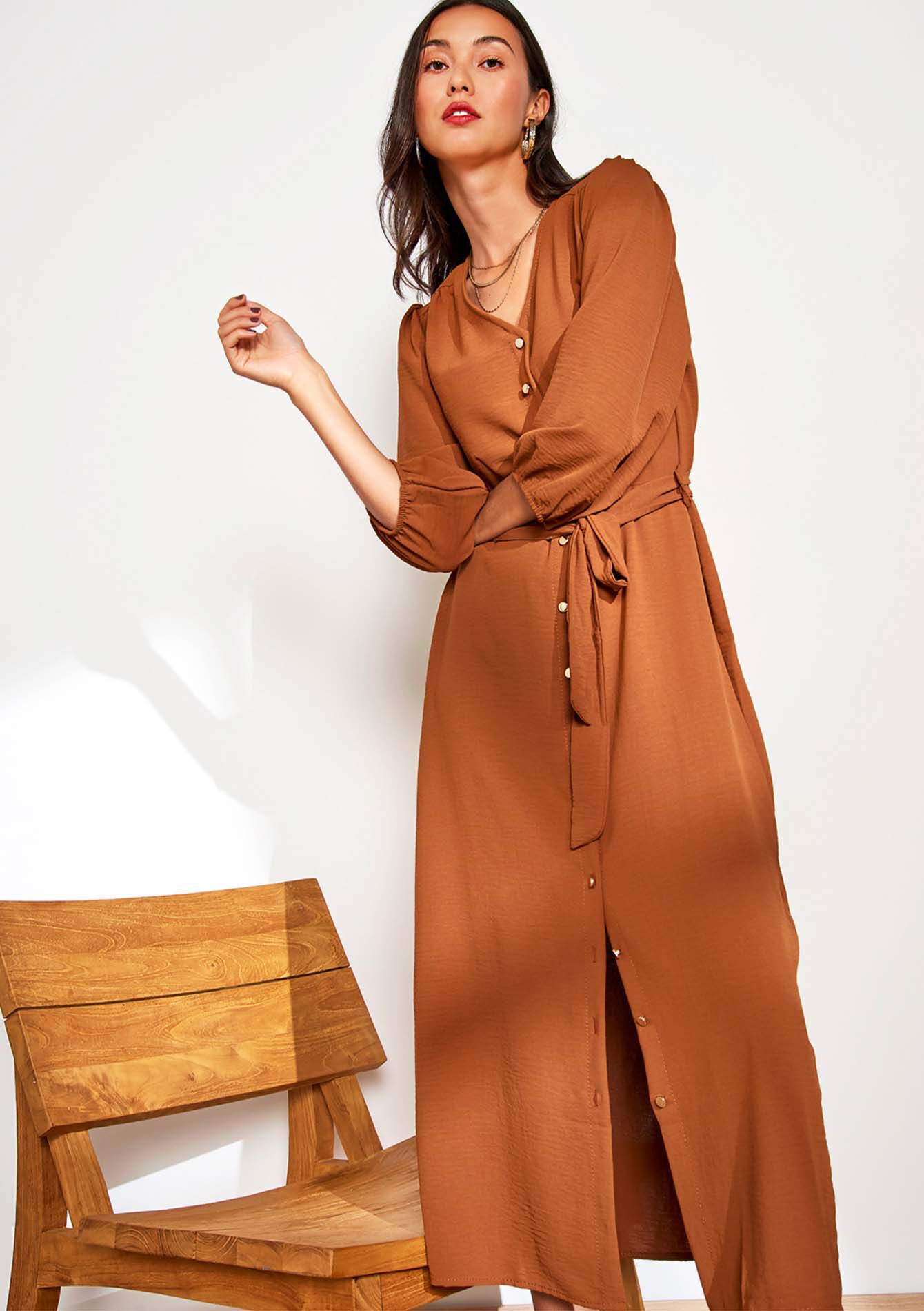 Midi dress in crinkle fabric, Midi dress in crinkle fabric - CARAMEL - 08602195_1953