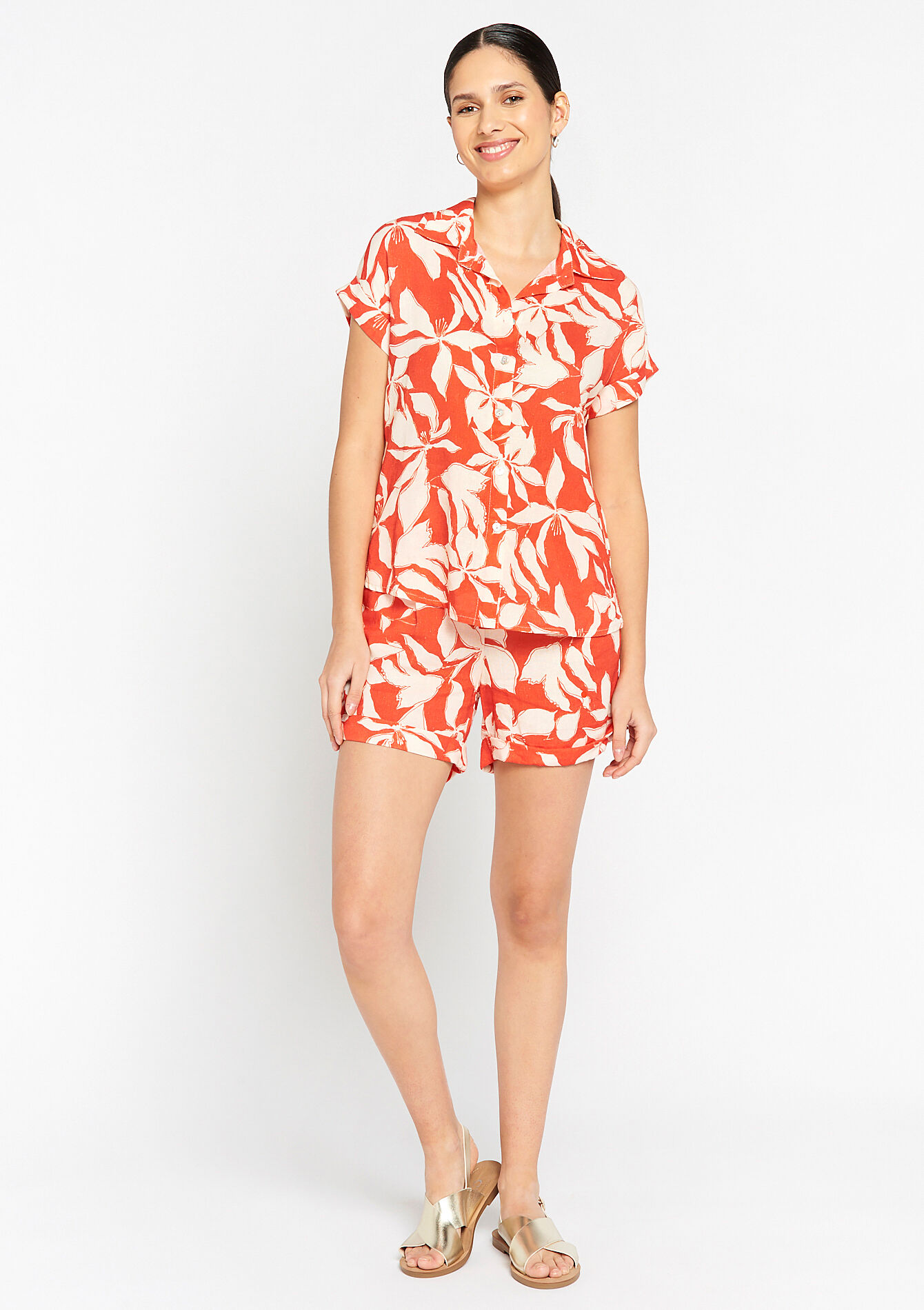Linen shirt with tropical print, Linen shirt with tropical print - CORAL BRIGHT - 05702187_2007