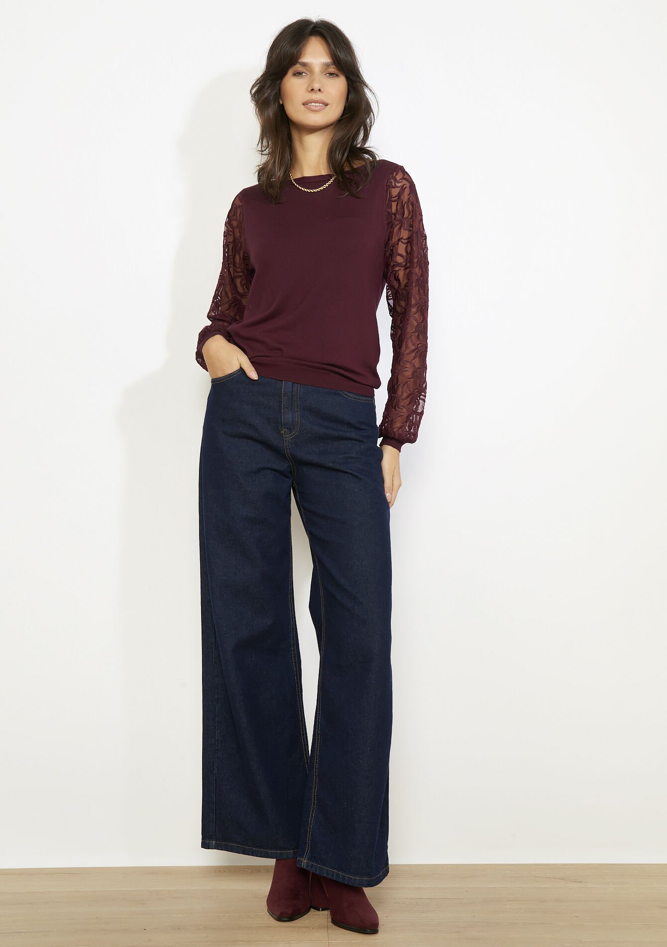 Pull manches en tulle brodé, Pull manches en tulle brodé - BORDEAU WINE - 04006917_1467