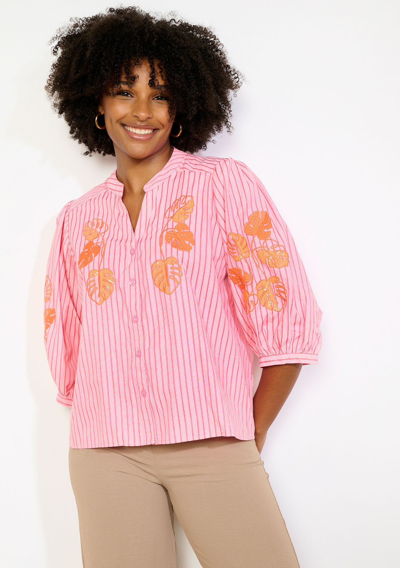 Blouse à rayures brodée - CORAL PINK - 05703038_1968
