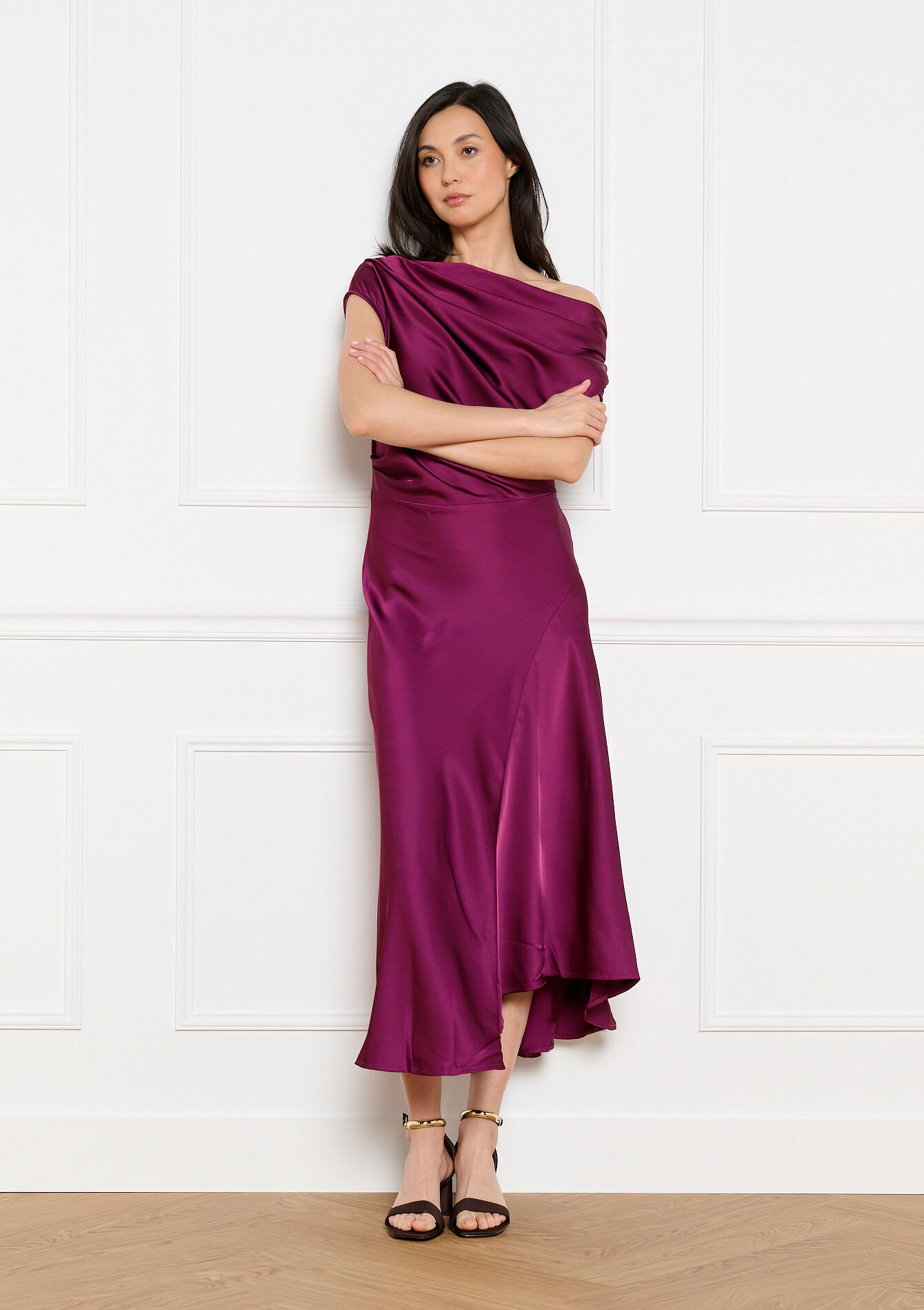 Draped satin midi dress - RED FRAMBOISE - 08104457_1496