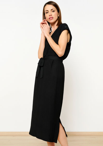 Geribbelde jurk met striklint - BLACK - 08602300_1119