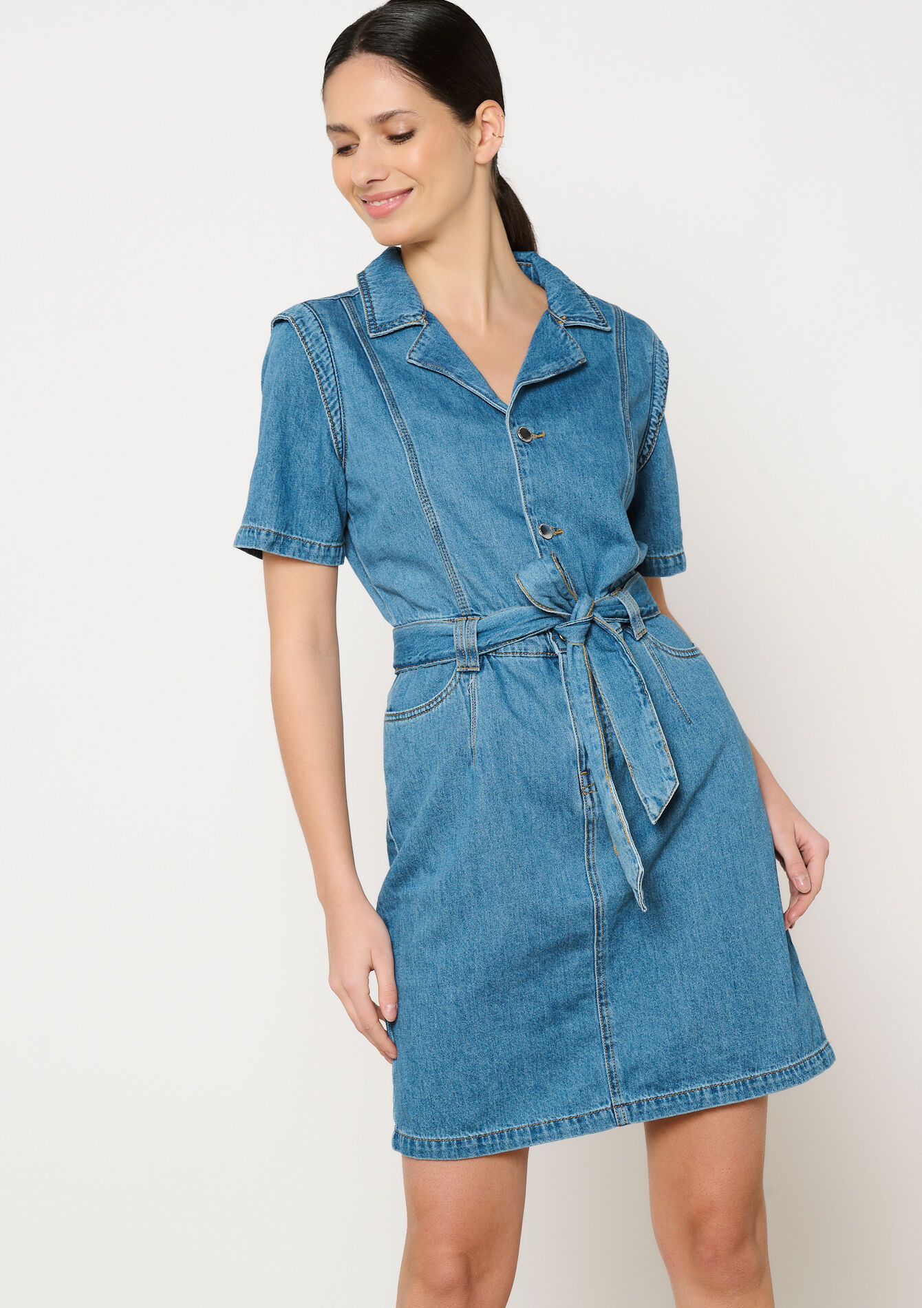Robe droite en denim avec lien à nouer - MEDIUM BLUE - 1114532