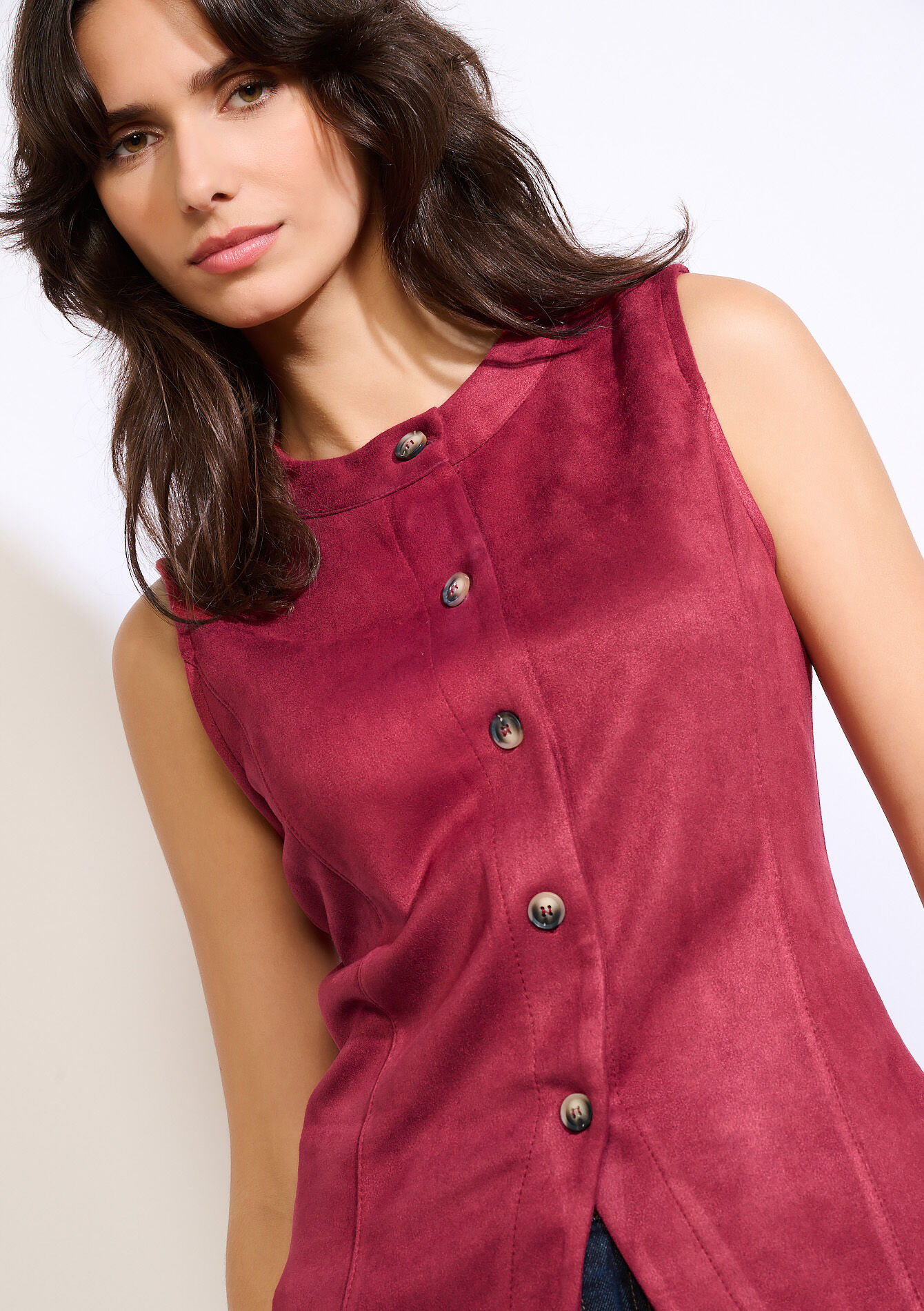 Mouwloze jas met knopen, , back