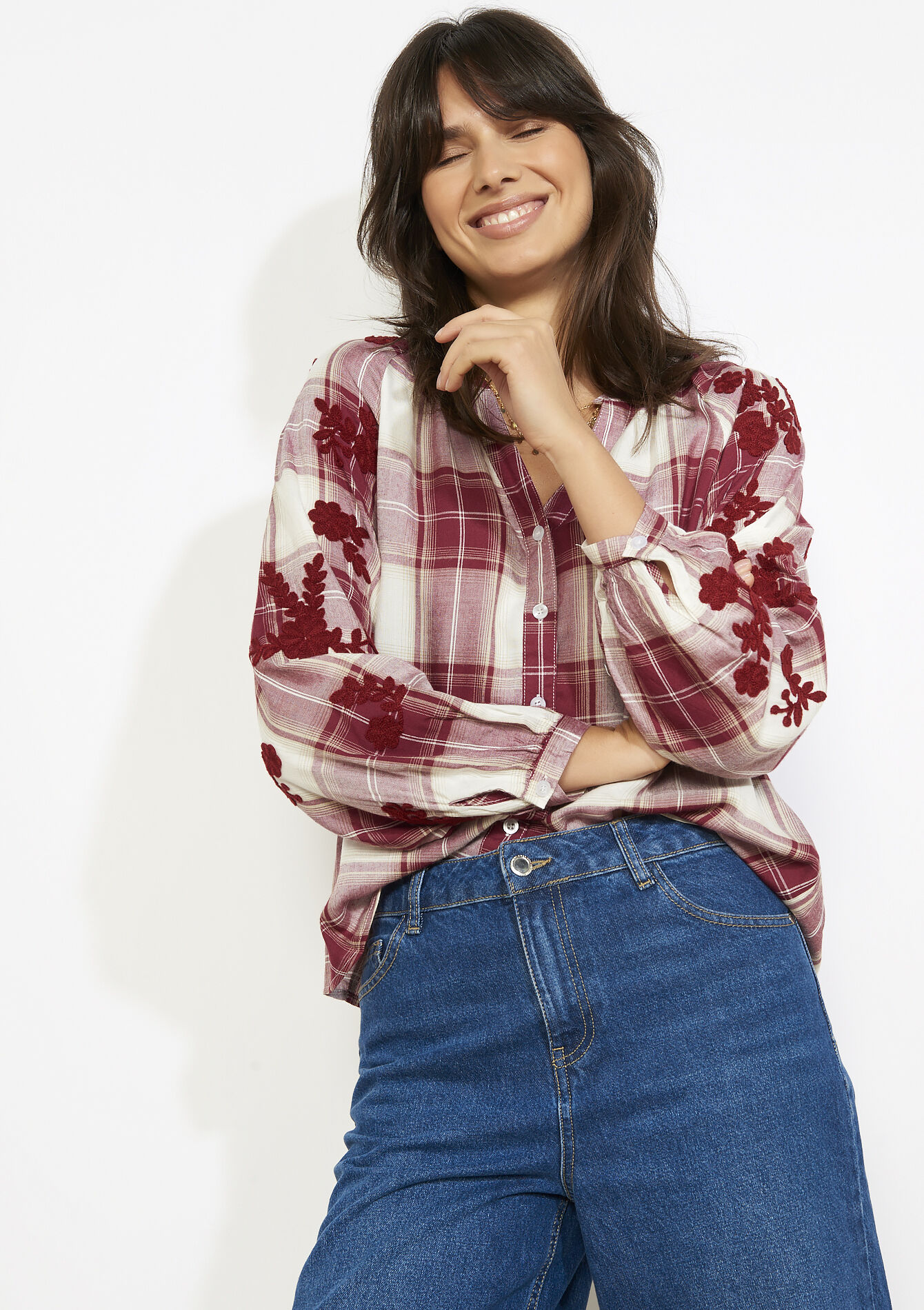 Geborduurde vichyblouse - OPTICAL WHITE - 05702999_1019