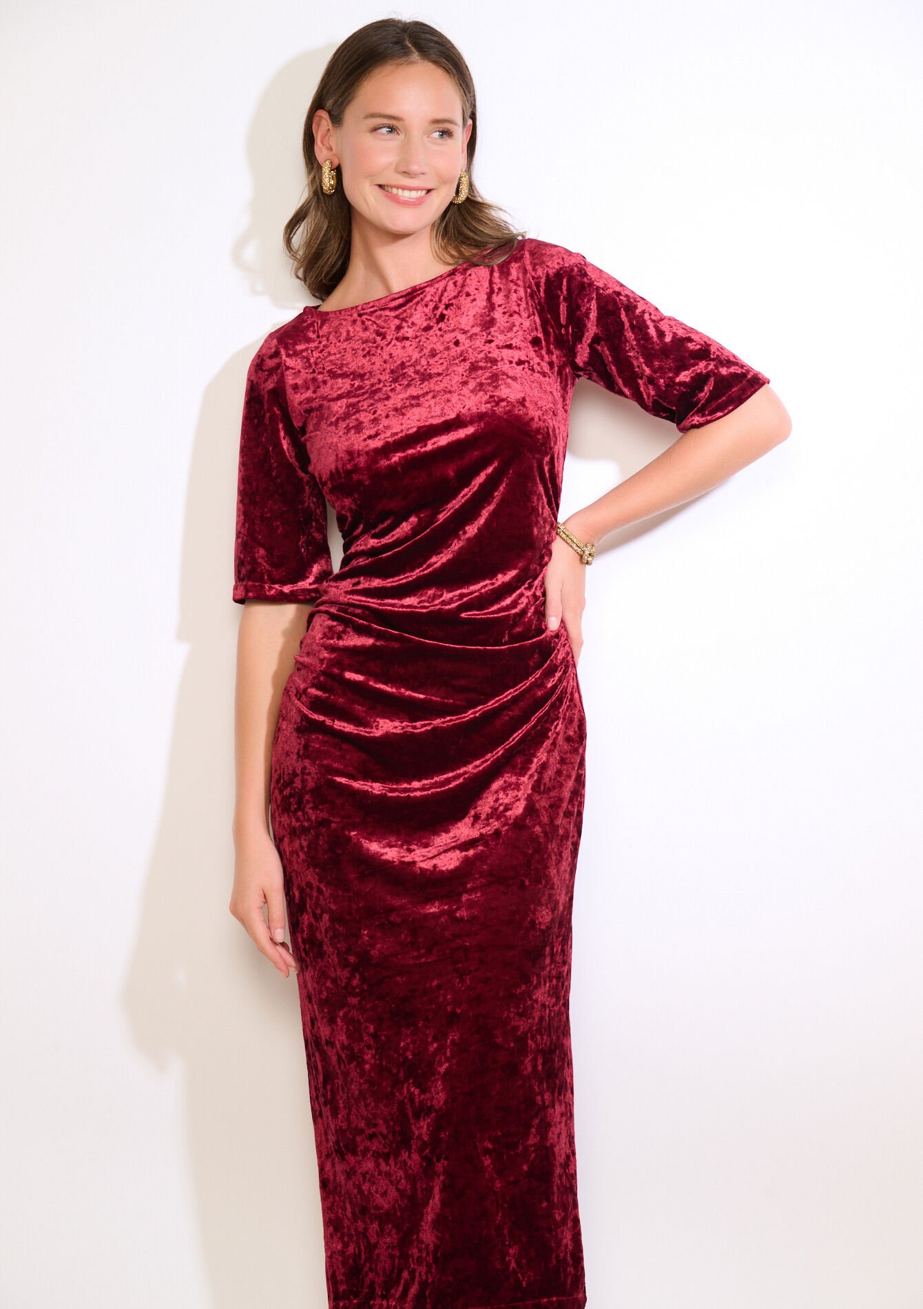 Robe midi drapée en velours, Robe midi drapée en velours - BORDEAUX WINE - 08104350_5514