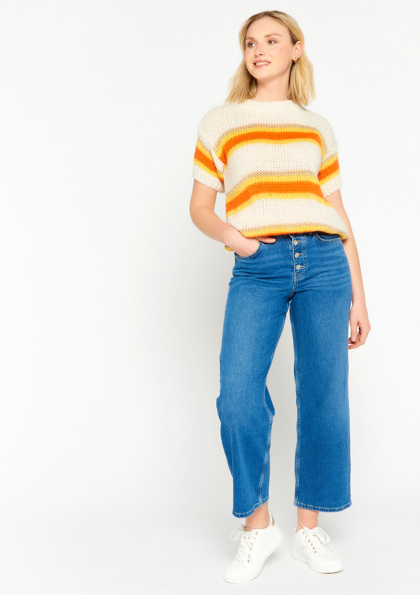 Pull en tricot à manches courtes, Pull en tricot à manches courtes - ORANGE BRIGHT - 04006221