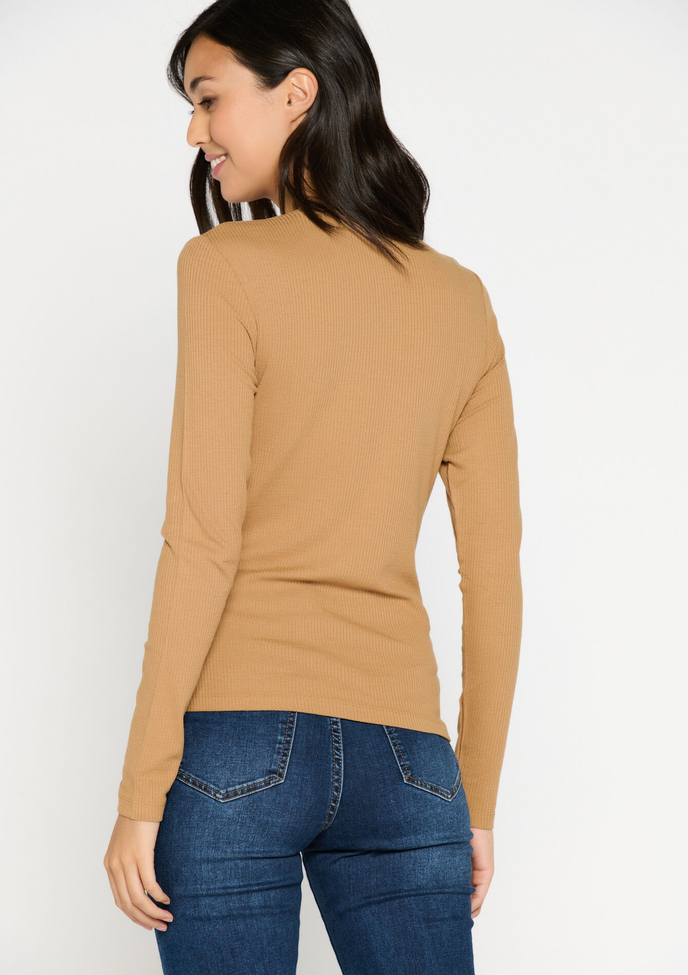 Ribbed T-shirt with collar - CAMEL GINGER - 02400256_3831