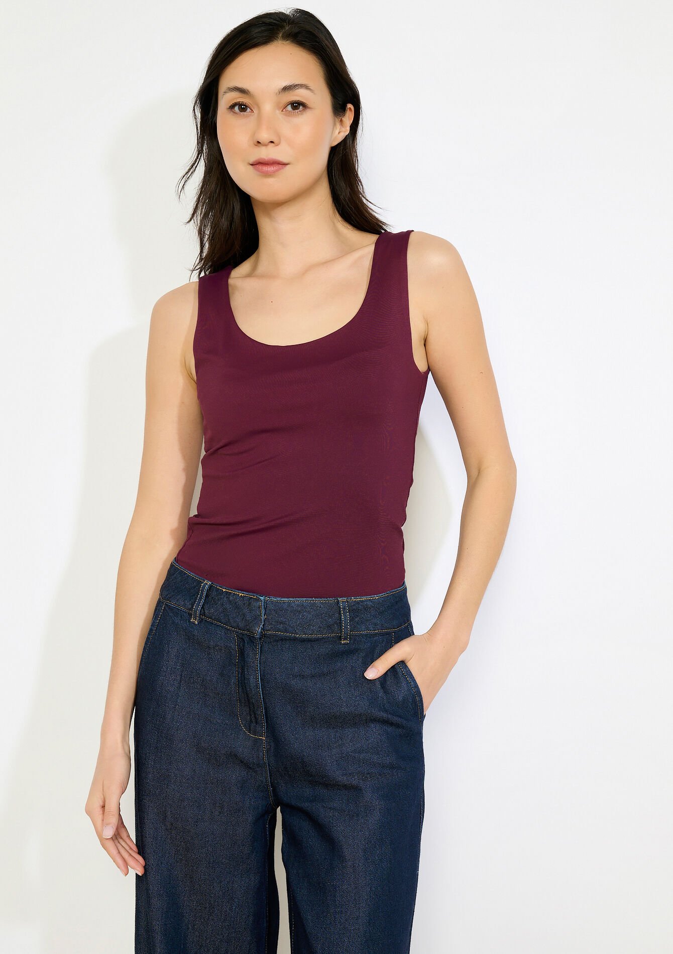Fitted round neck tank - AUBERGINE - 02200530_1537