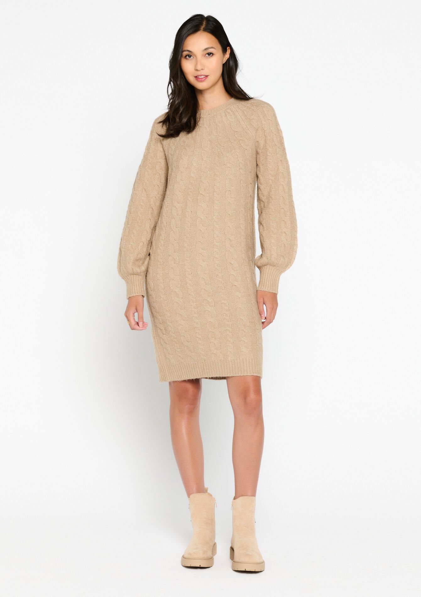 Knitted dress with cables - TAUPE - 08103303