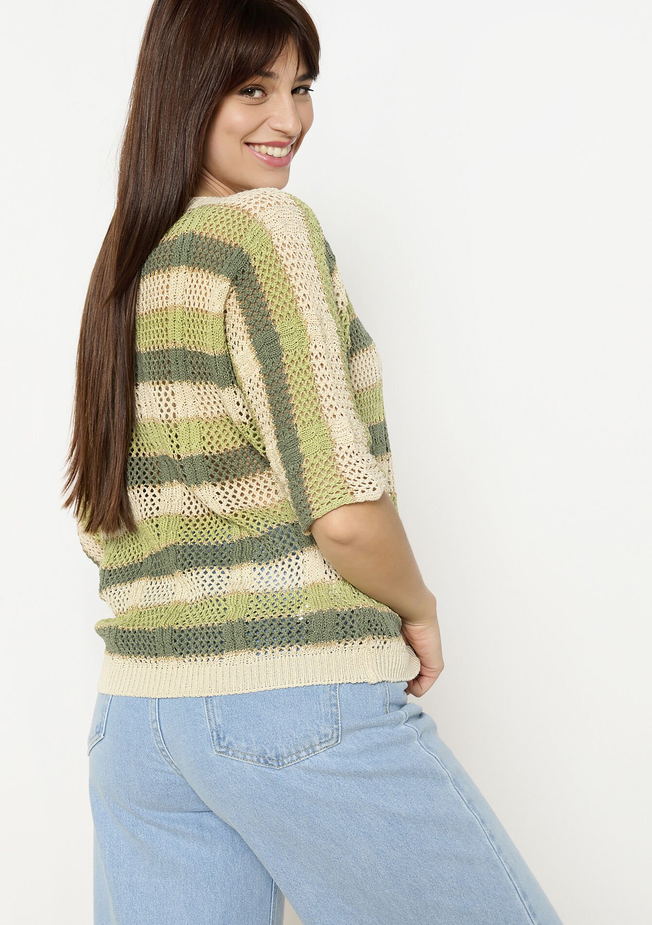 Pull ajouré à rayures, Pull ajouré à rayures - KHAKI FADED - 04006966_4326