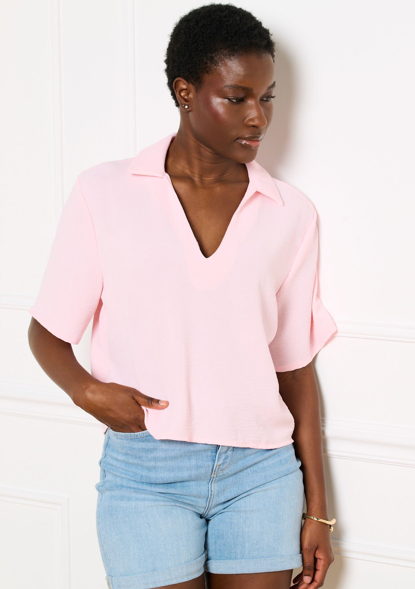 Vloeiende blouse met polokraag, Vloeiende blouse met polokraag - LIGHT PINK - 05703062_1303