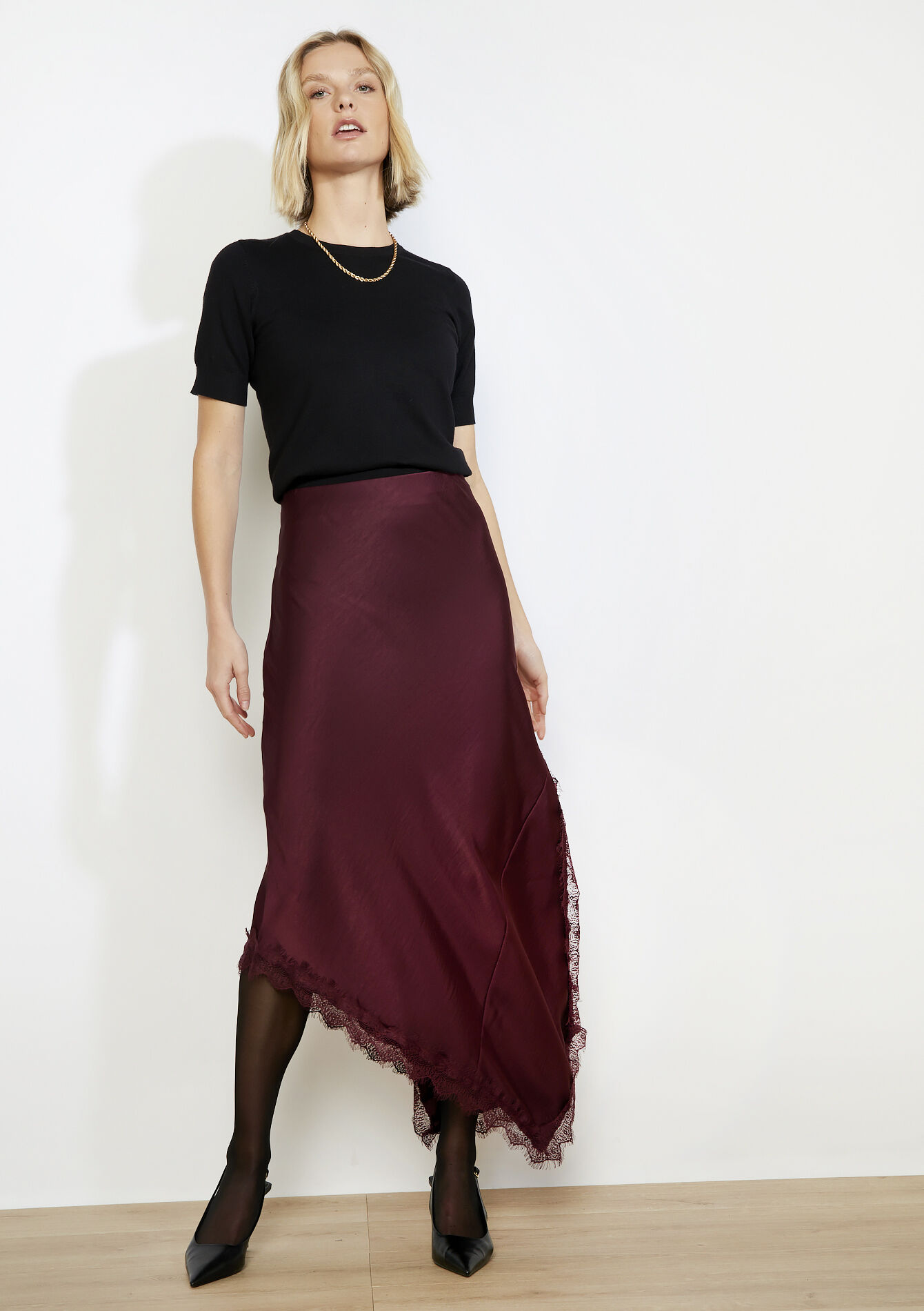 Jupe midi en satin, Jupe midi en satin - AUBERGINE - 07101466_1537