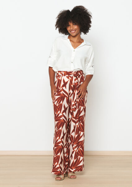 Wide trousers with leaf print - CHOCOLATE - 06600868_3715