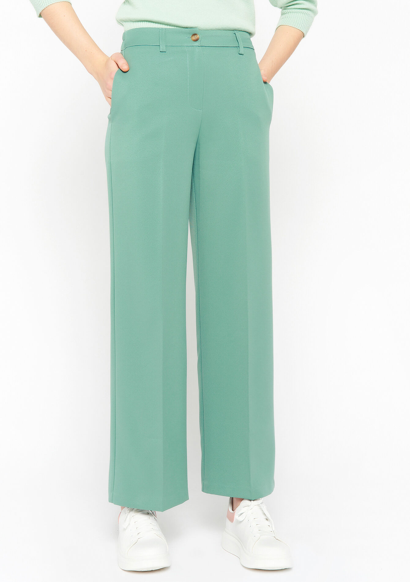 Wijde broek in keperstof, Wijde broek in keperstof - ALMOND GREEN - 06100501