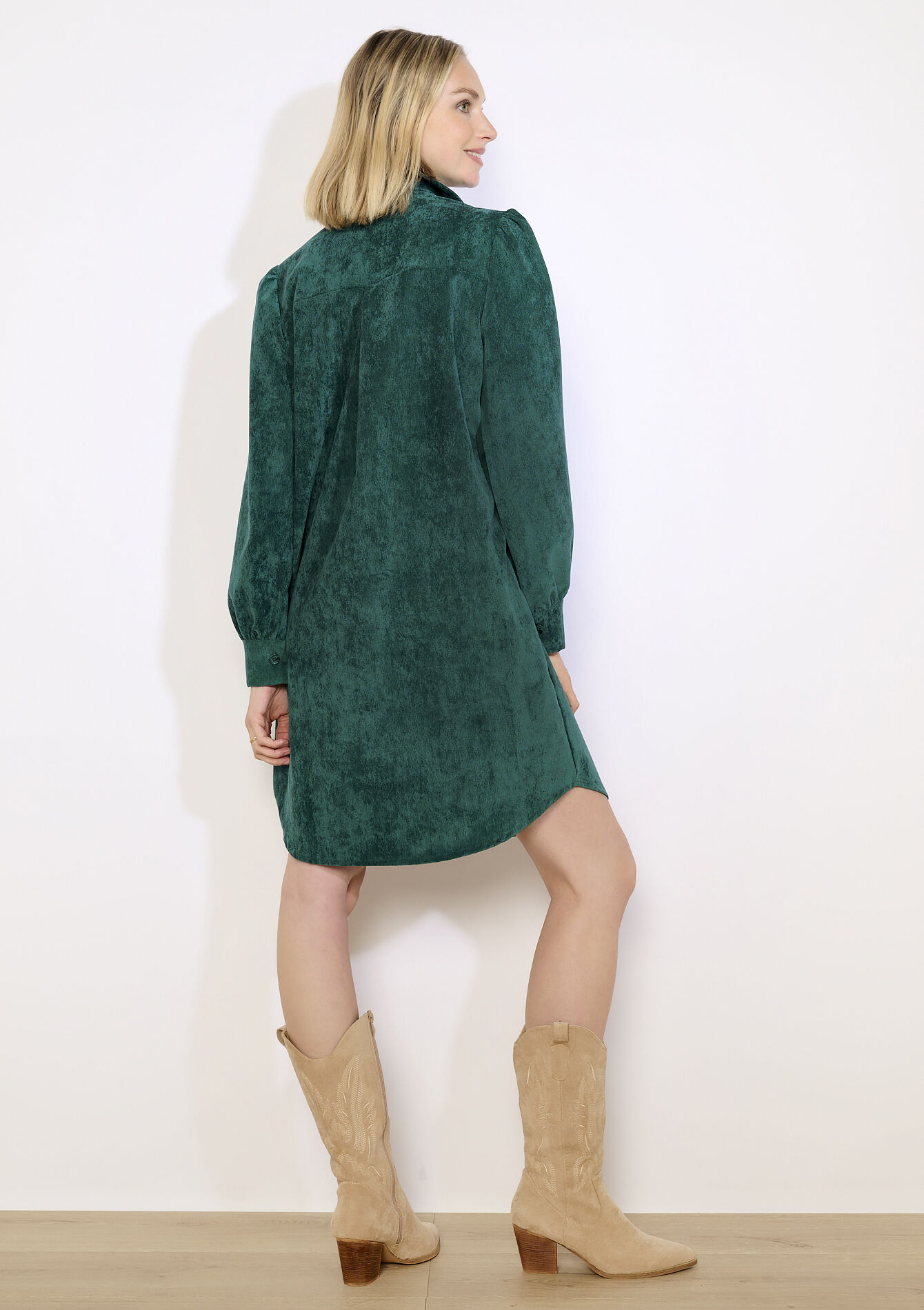 Robe chemise en velours, Robe chemise en velours - BOTTLE GREEN - 08104418_1778