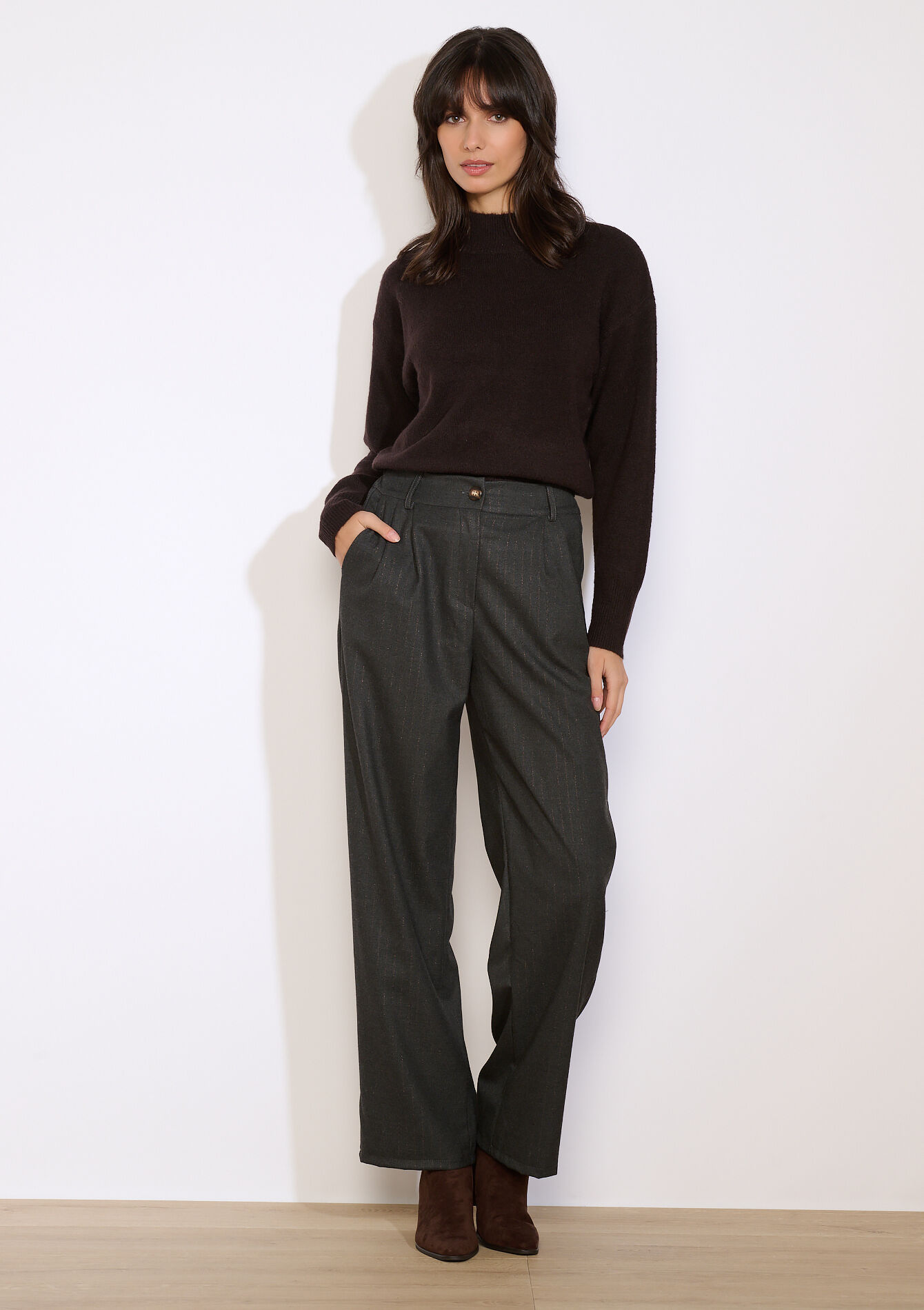 Wide-leg broek met plooien, Wide-leg broek met plooien - DK GREY MEL - 06100745_1083