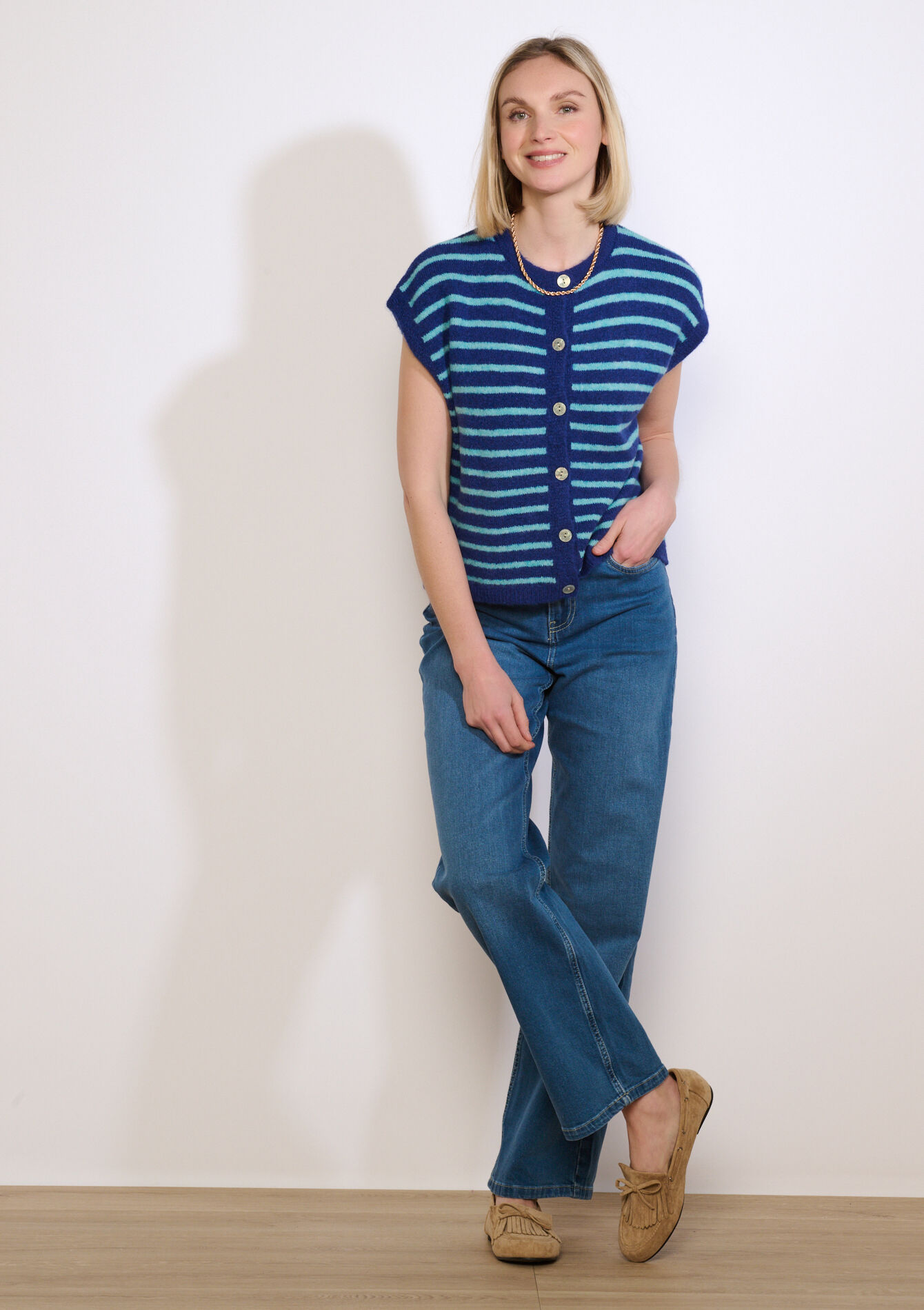 Mouwloos gestreept vest - BLUE COBALT - 04101444_2925