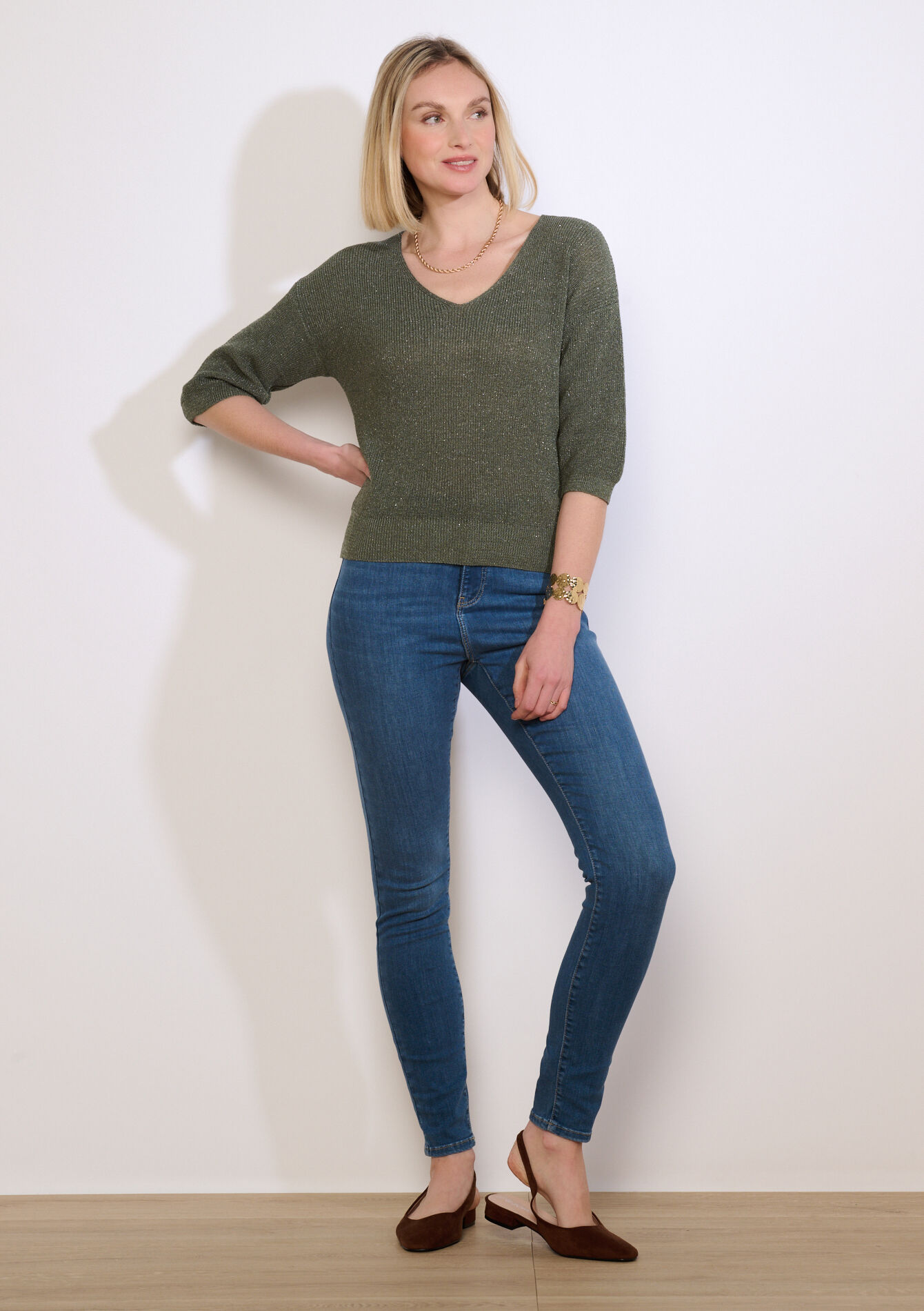 Lurex trui met v-hals - KHAKI FADED - 04007208_4326