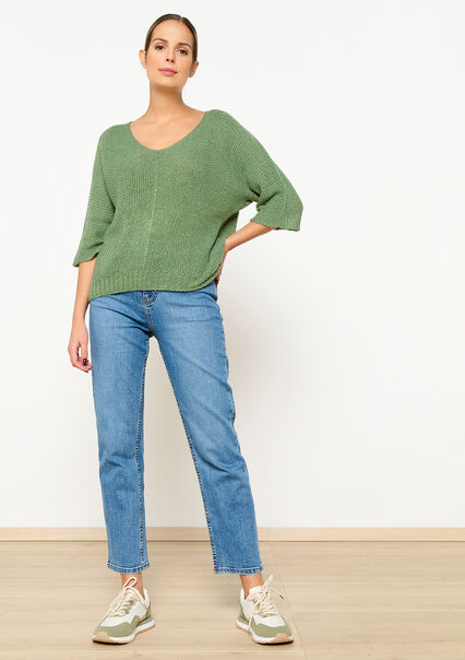 Knitted pullover with V-neck - KHAKI FADED - 04006468_4326