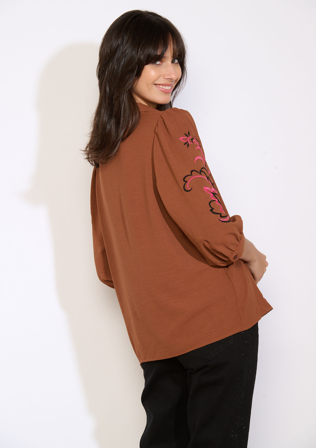 Chemise brodée manches 3/4, Chemise brodée manches 3/4 - CARAMEL - 05702990_1953