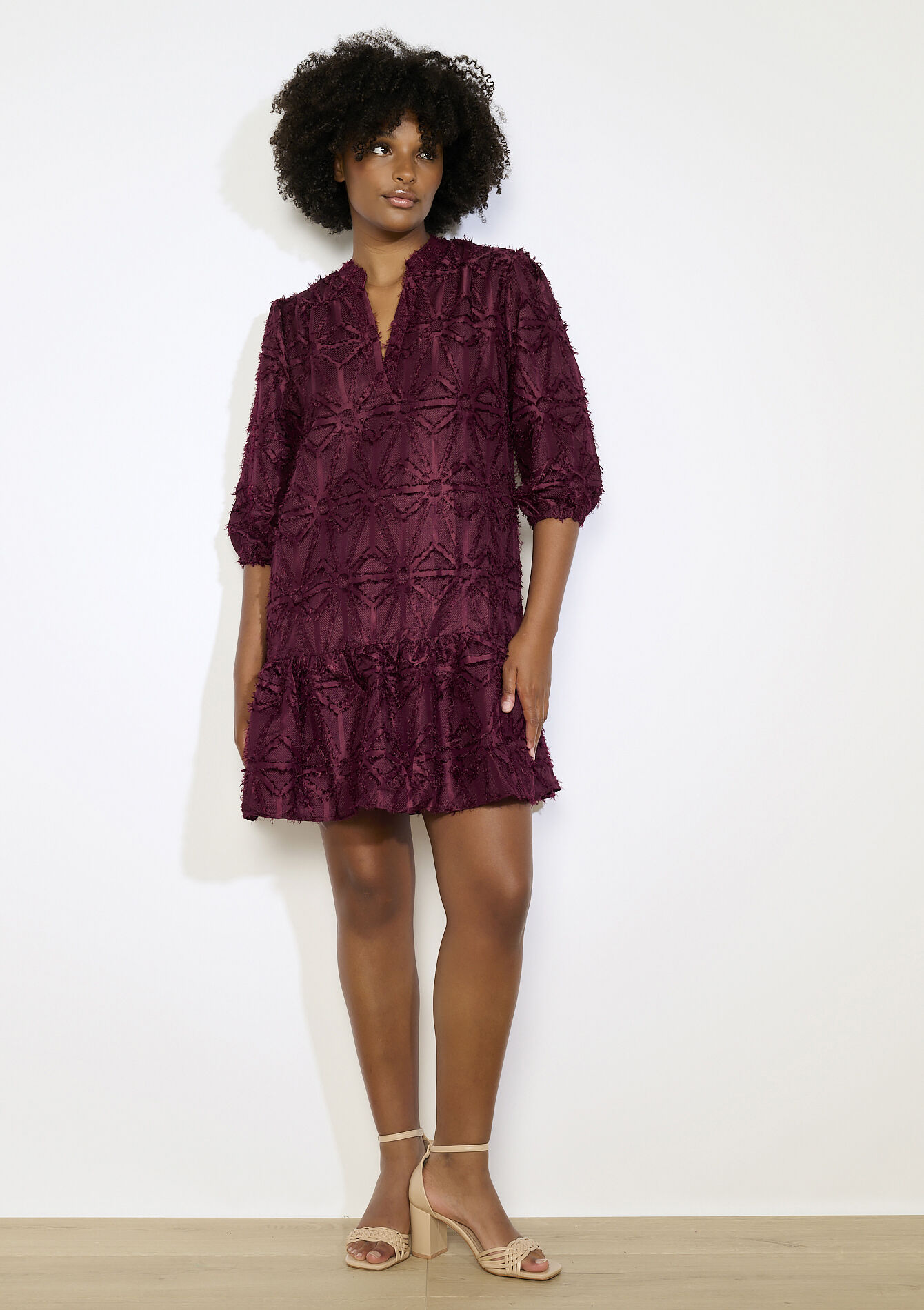 Robe en jacquard à manches bouffantes - BORDEAUX WINE - 08104160_5514