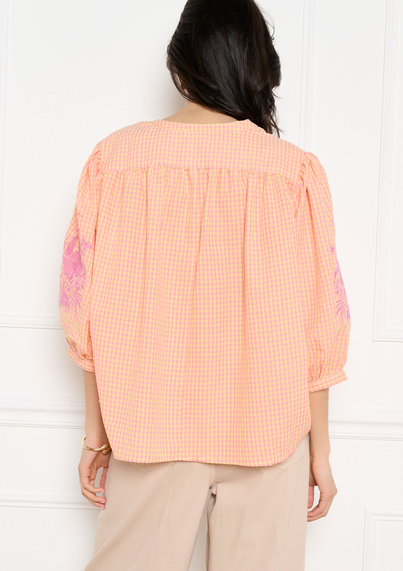 Blouse brodée manches ballon - CORAL PINK - 05703051_1968